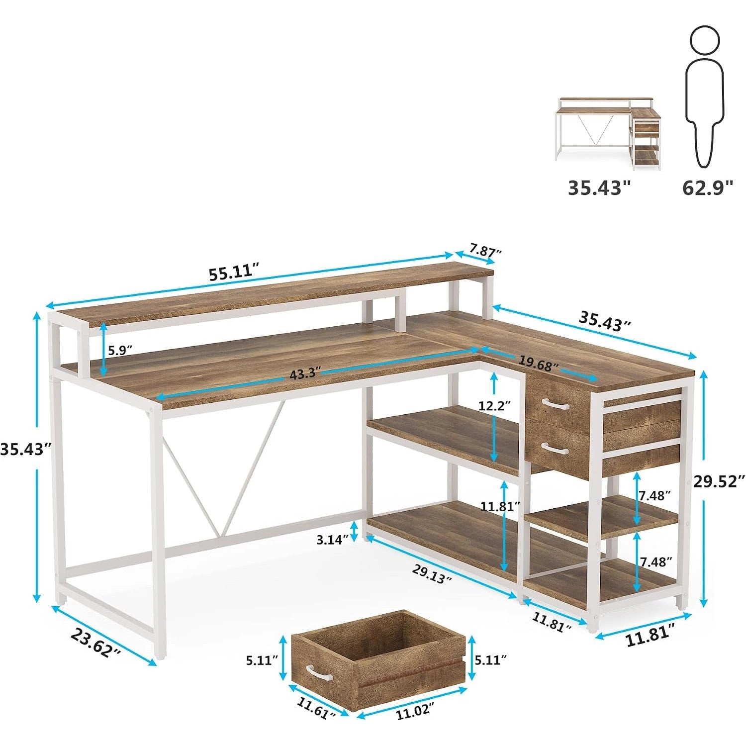 Tribesigns L-Shaped Wood Desk with Drawers