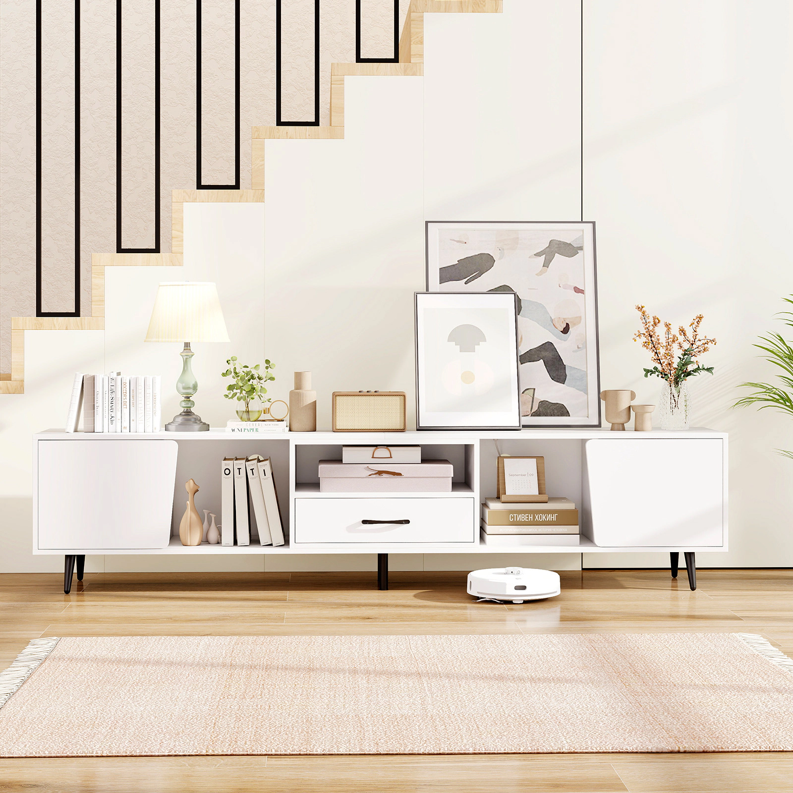 SUGIFT 79-in White TV Stand for TVs up to 90-in, Media Console with Charging Station