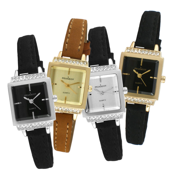 Peugeot Women's 22mm Gold Crystal Watch With Black Dial & Tan Strap