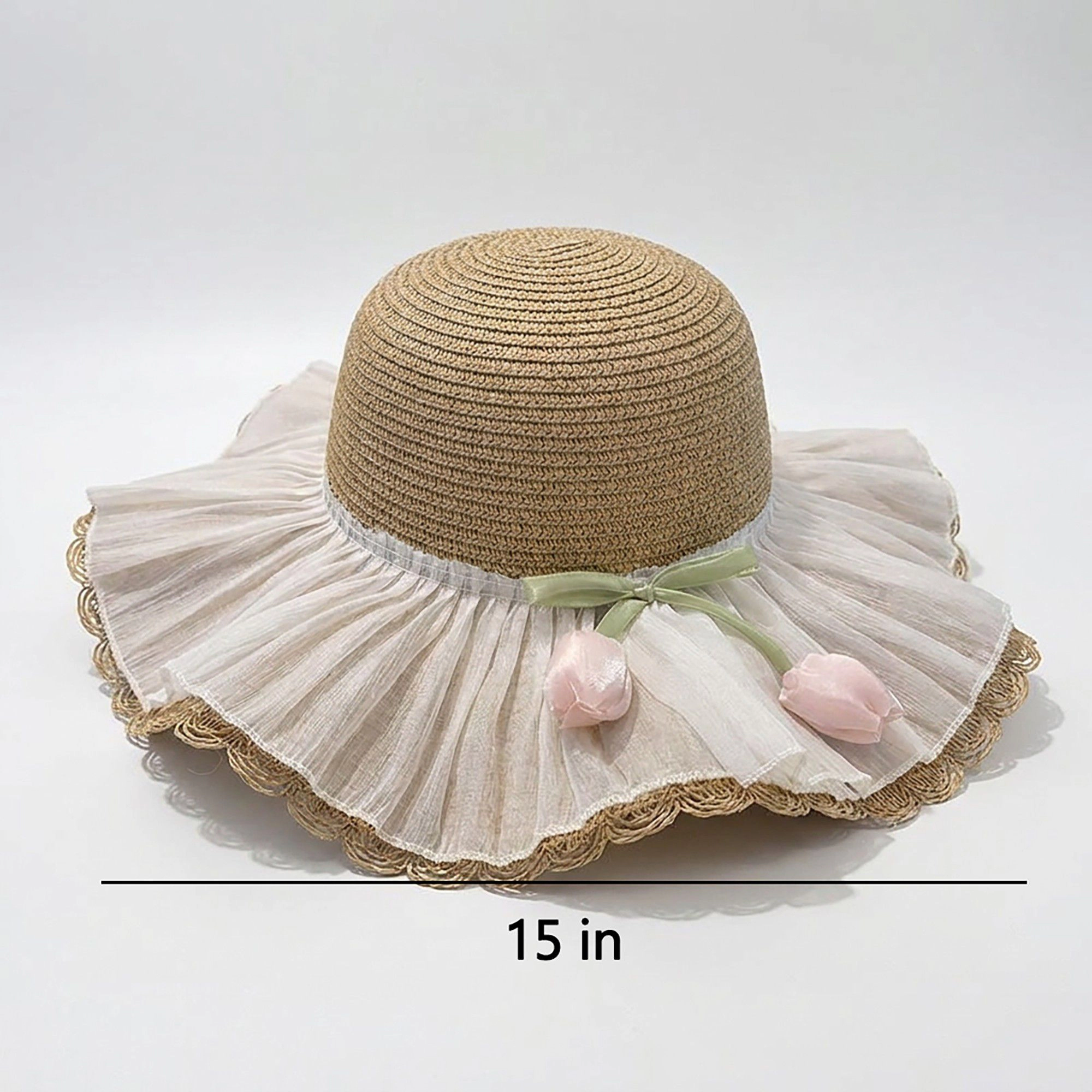 Anna-Kaci Women's Wide Brim Straw Sun Hat with Pleated Sheer Bow Accent and Floral Trim