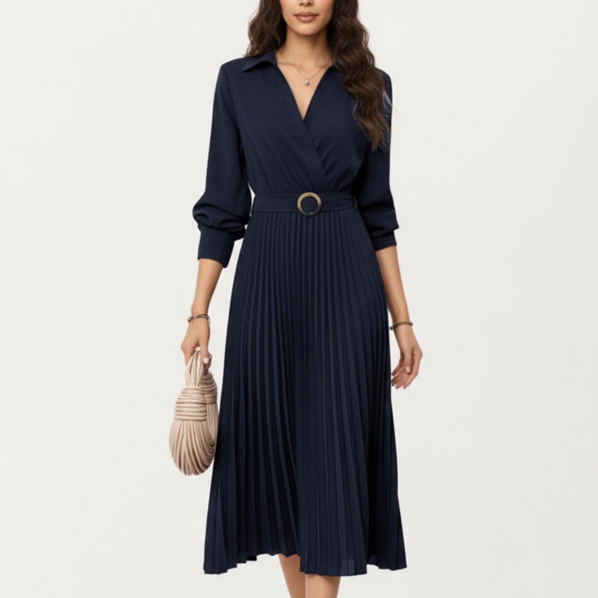 Anna-Kaci Women's Long Sleeve Pleated Skirt Structured Wrap Front Collar Detail Belted Waist Dress