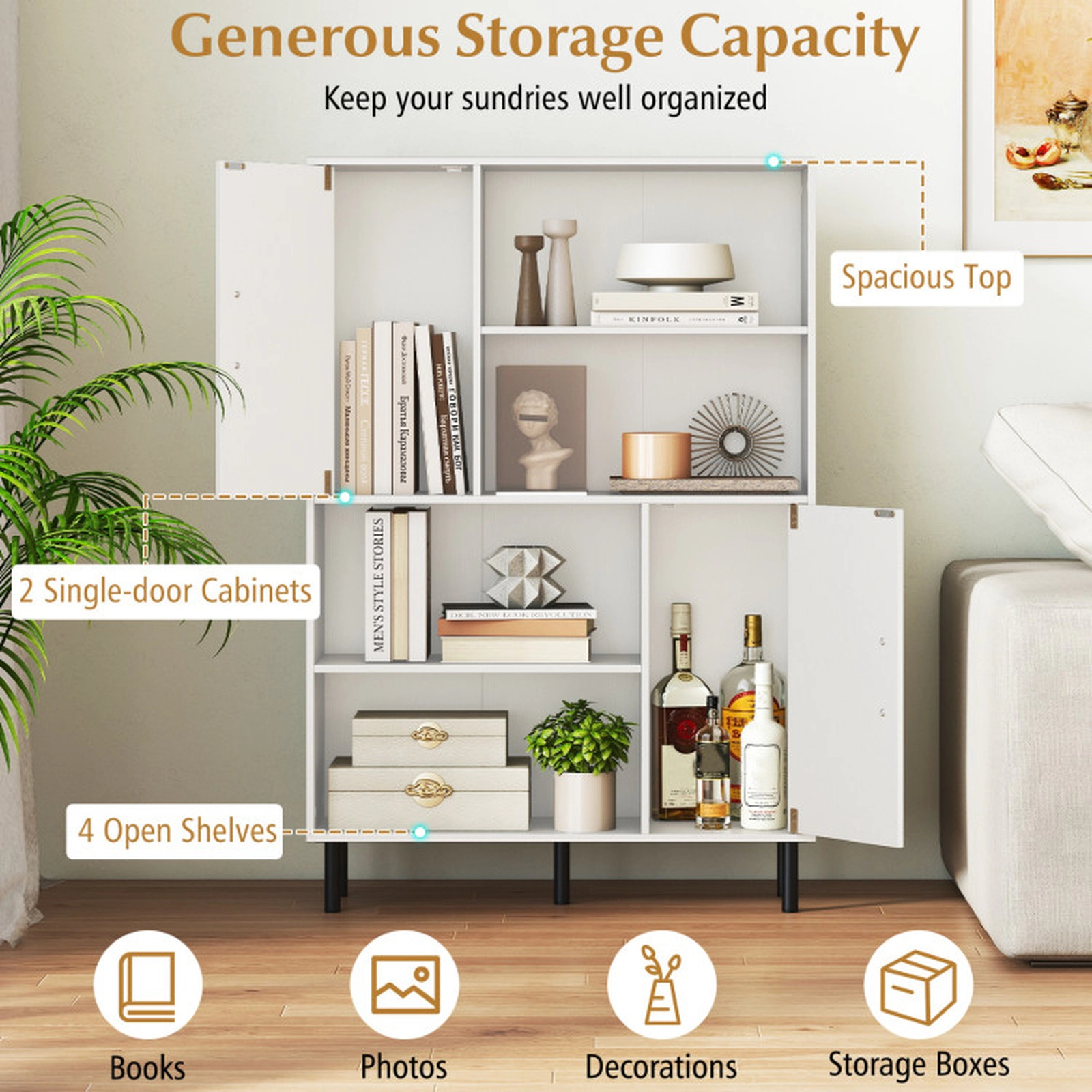 SUGIFT White 47-in Narrow Freestanding Bookshelf with 2 Doors 4 Open Shelves and Metal Legs for Study