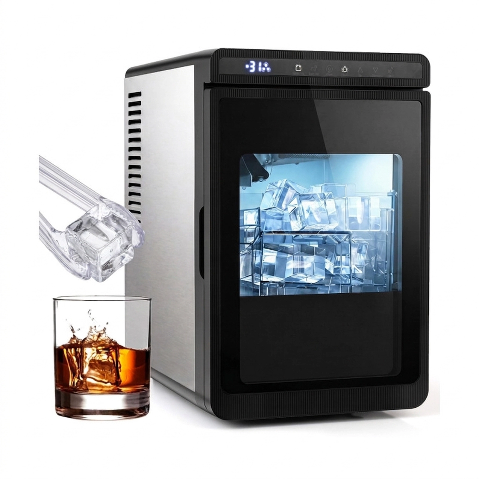 SUGIFT Countertop Clear Ice Maker with 1.6-in Large Square Cubes 26-lb Daily Output and Self-Cleaning