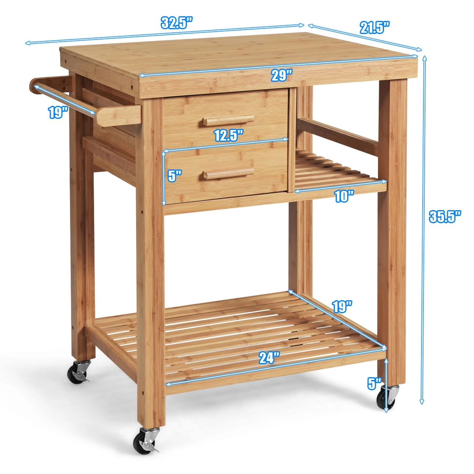SUGIFT Bamboo Kitchen Trolley Cart Natural with Tower Rack Drawers and Casters