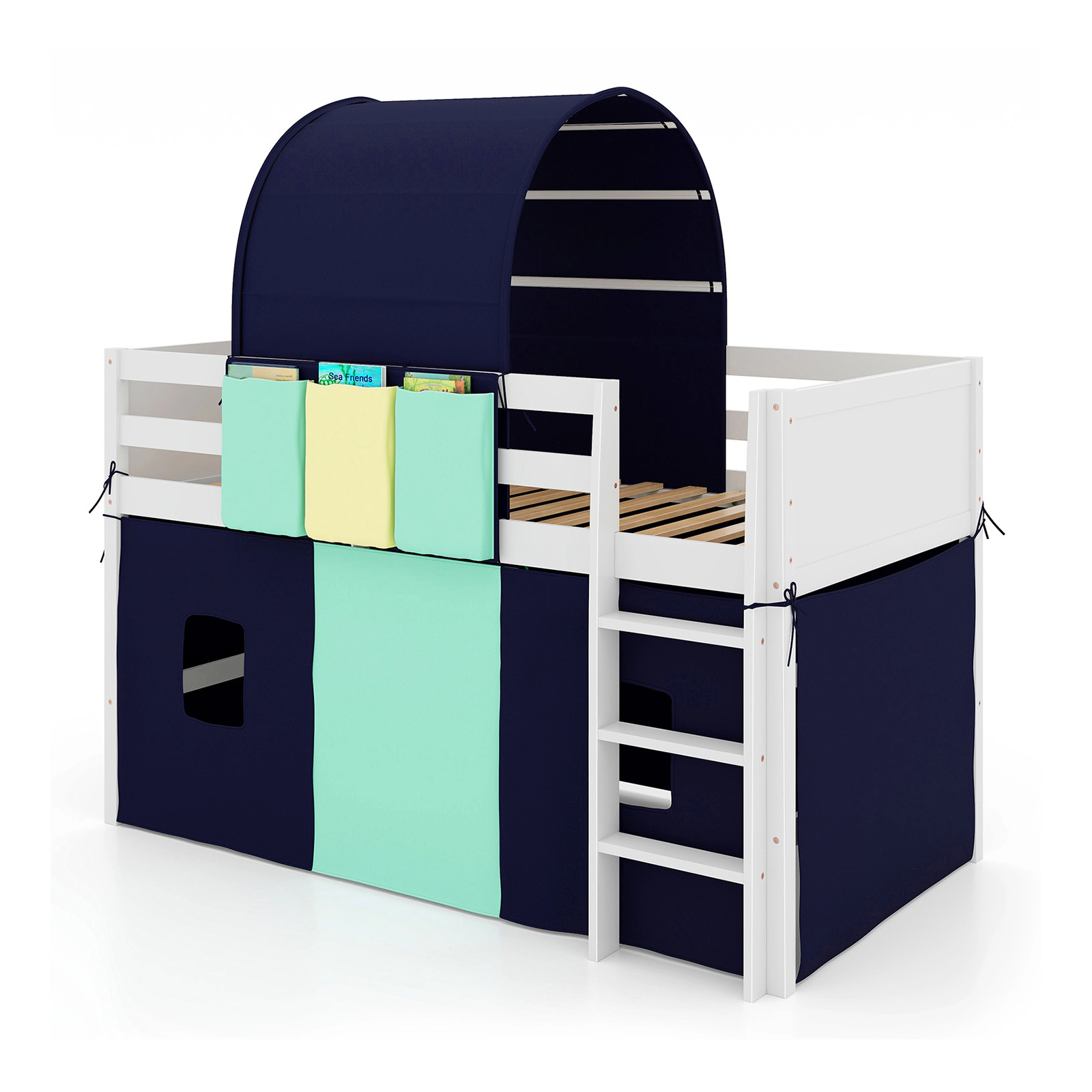SUGIFT Navy Tower Tent and 3 Storage Pockets Twin Size Kids Loft Playhouse Bed