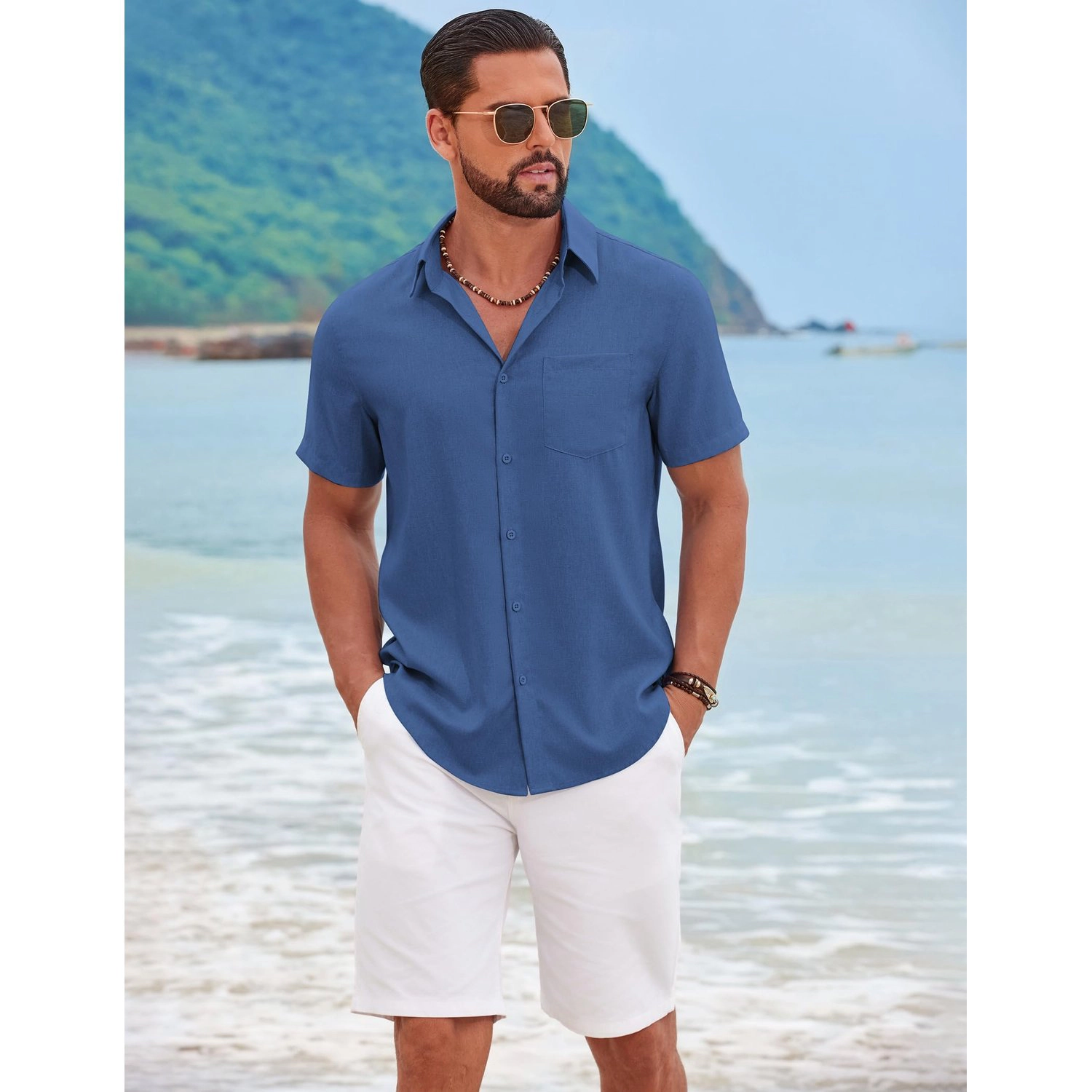 COOFANDY Mens Short Sleeve Button Down Shirt  Lapel Collar Pocket Casual Tops