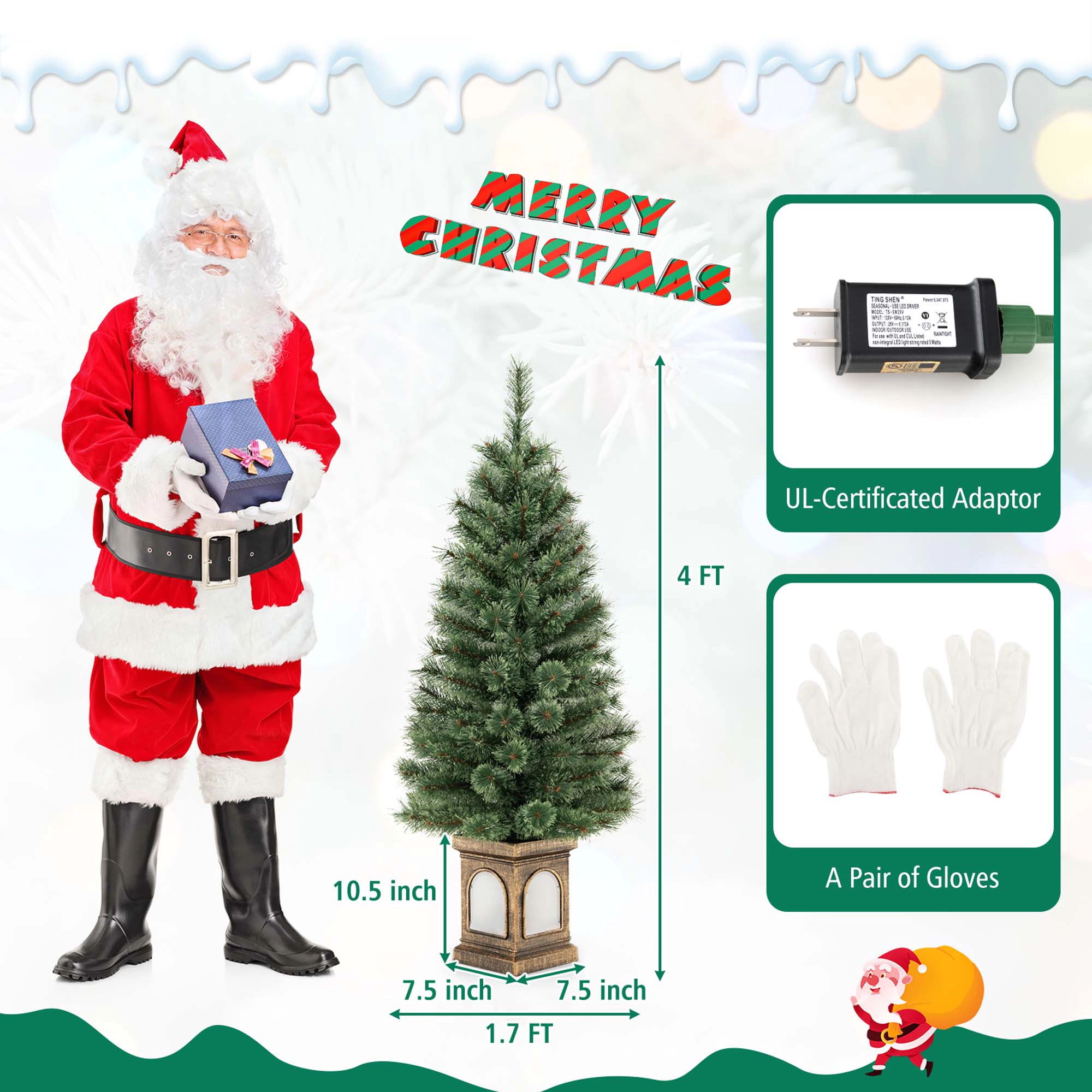 Costway 1 PCS 4 FT Pre-Lit Potted Christmas Tree Pine Needles 3 Dynamic Modes Remote Control