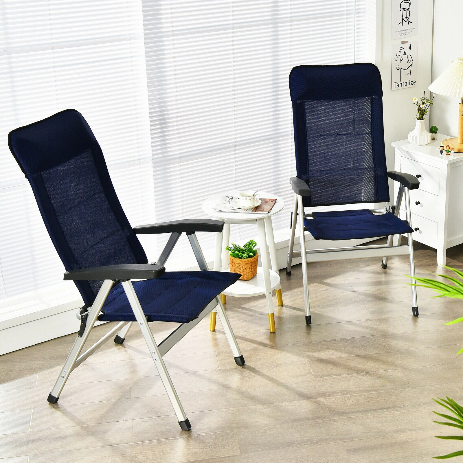 SUGIFT Adjustable Headrest Set of 2 Navy Folding Patio Reclining Chairs 7-Level Backrest