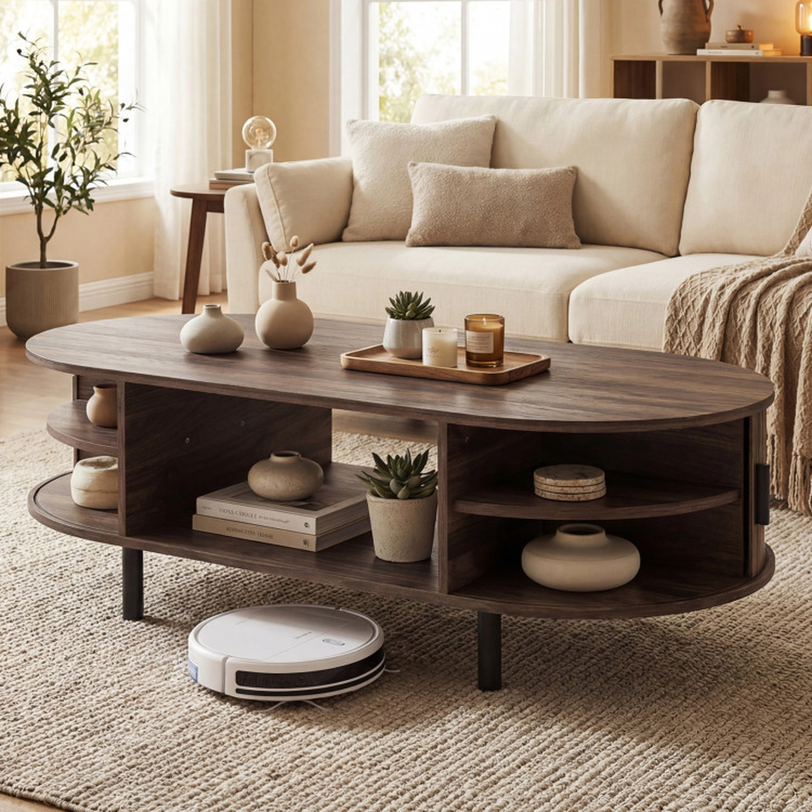 SUGIFT Oval Coffee Table Wooden Center Table with Storage 297-lb Overall Capacity Walnut