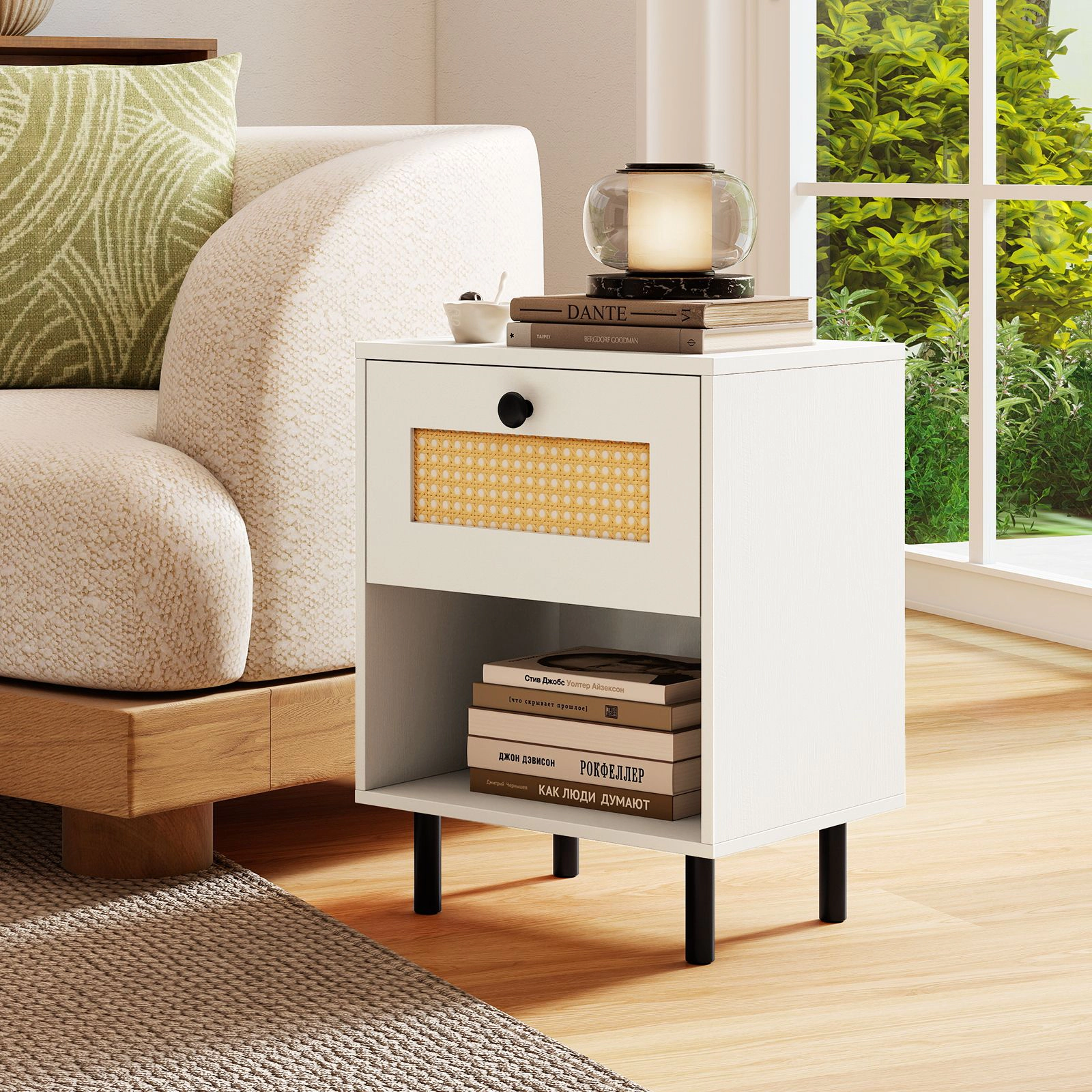 SlickBlue Rattan Accent Table with Storage Drawer & Open Shelf