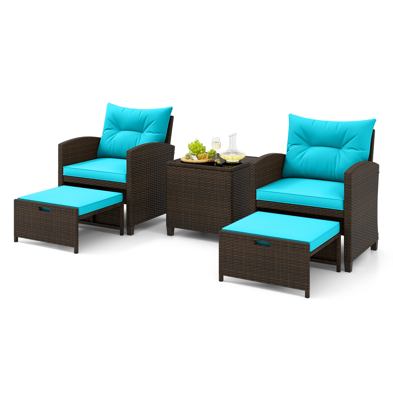 SUGIFT 5-Piece Turquoise Rattan Patio Conversation Set with 2 Chairs, 2 Ottomans and Glass Table
