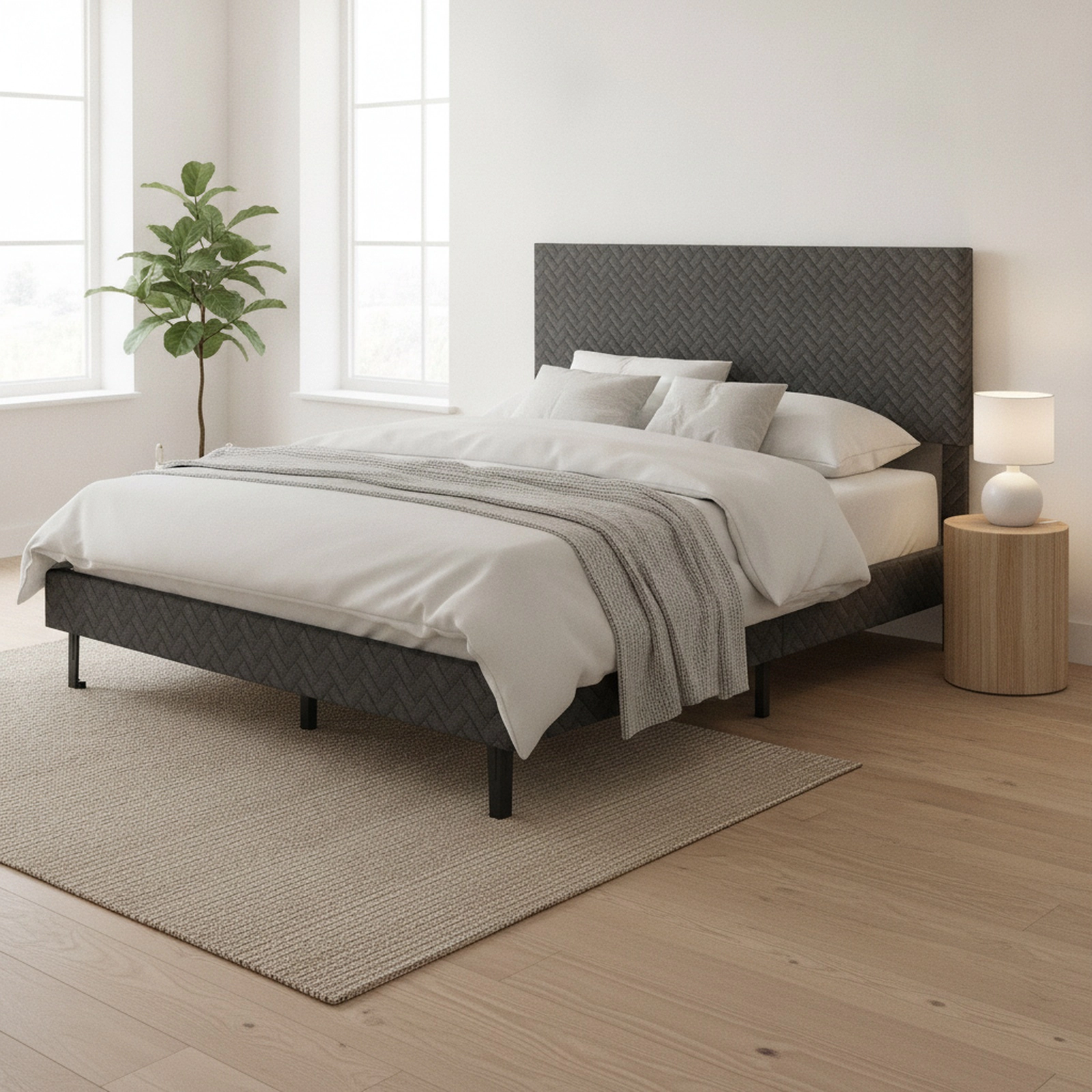 Full Size Velvet Upholstered Platform Bed Frame with Height Adjustable Chevron Headboard 10 Wood Slats Gray