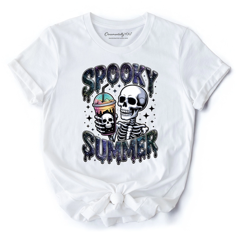 OrnamentallyYou Womens Spooky Summer Skeleton Halloween T-Shirt