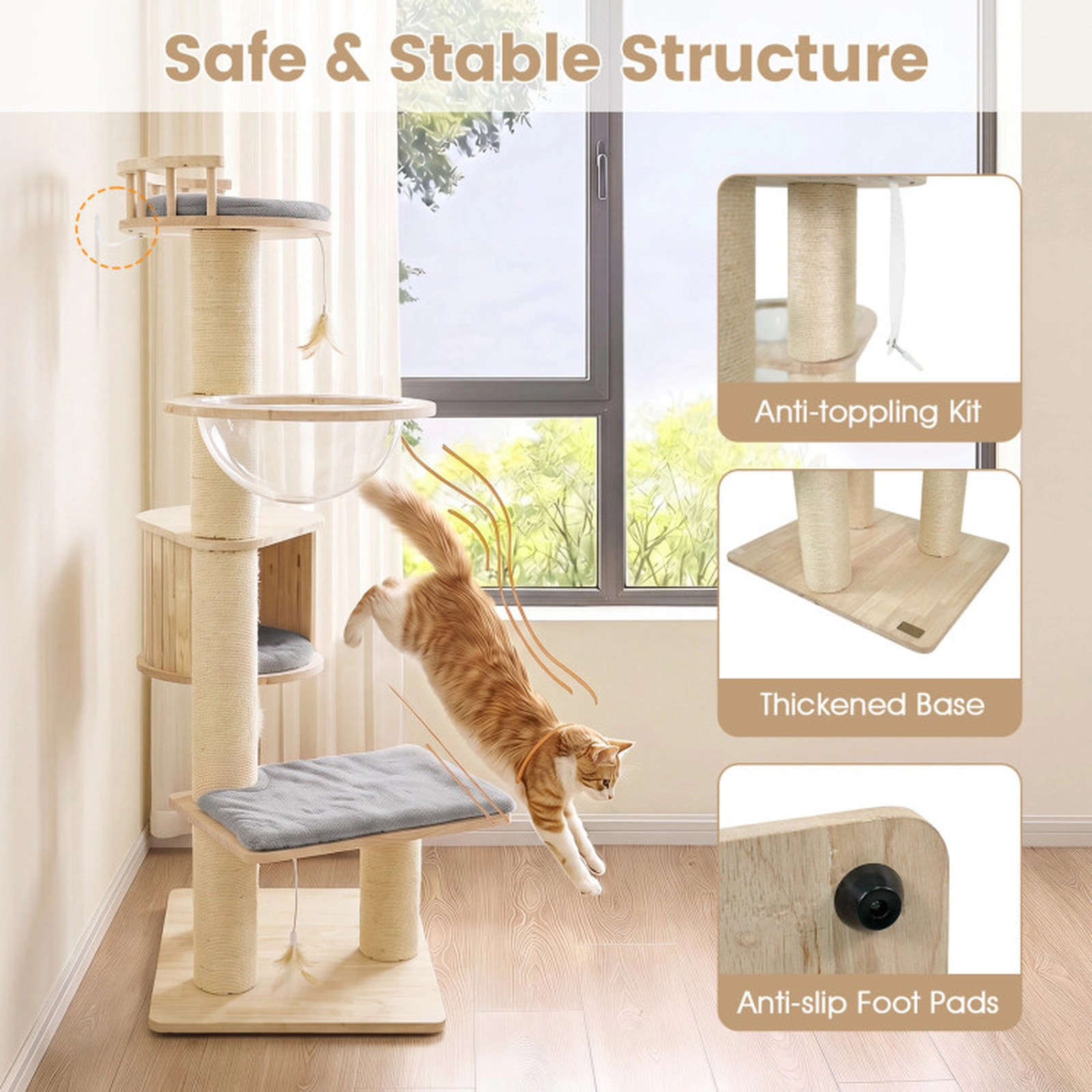 SUGIFT Gray 53.5-in Multi-Level Indoor Cat Tree Tower with Top Perch Condo Space Capsule and 3 Feather Toys