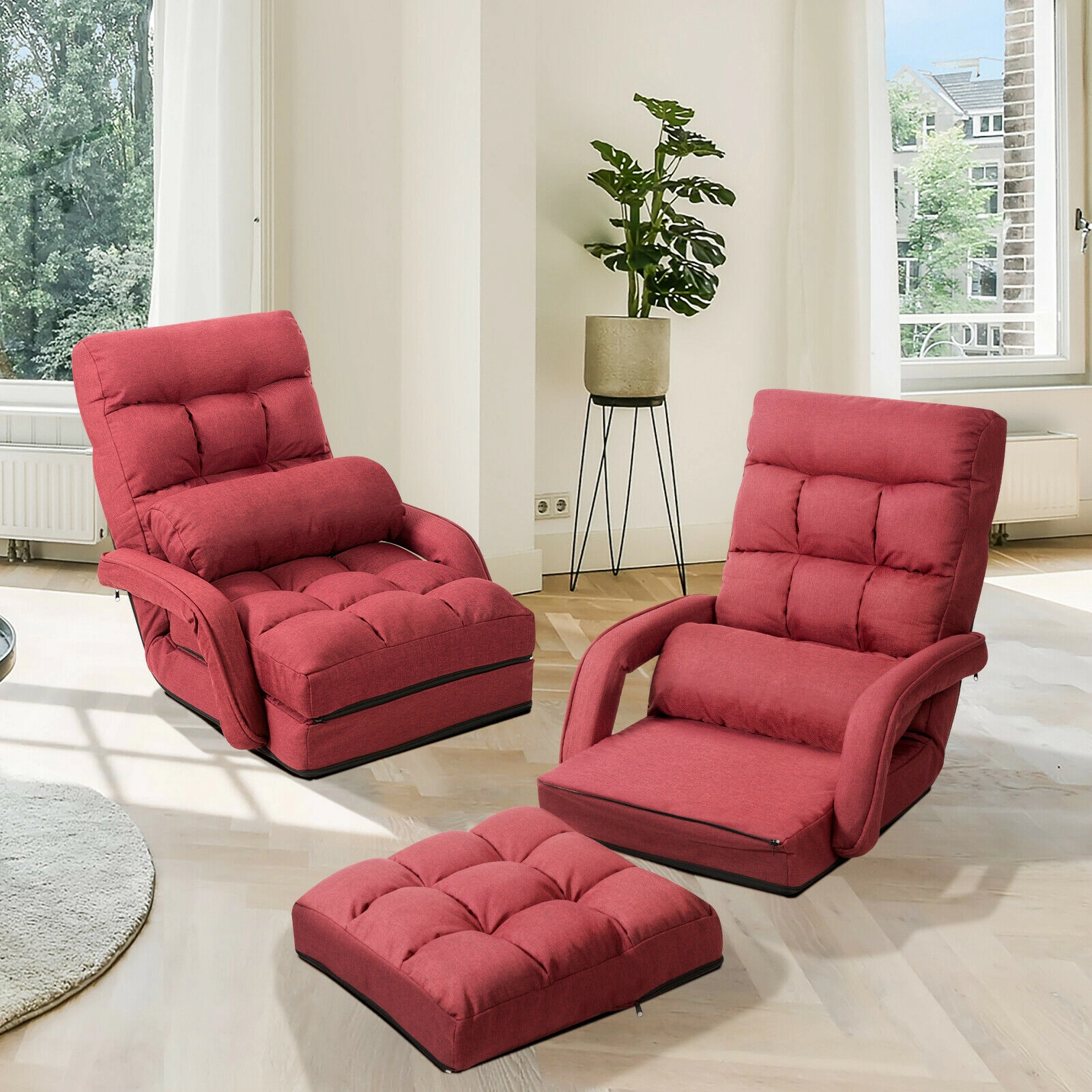 SUGIFT 6-Position Adjustable Backrest Padded Armrests Lumbar Pillow Folding Floor Armchair 22-in x 26-in x 29-in Red