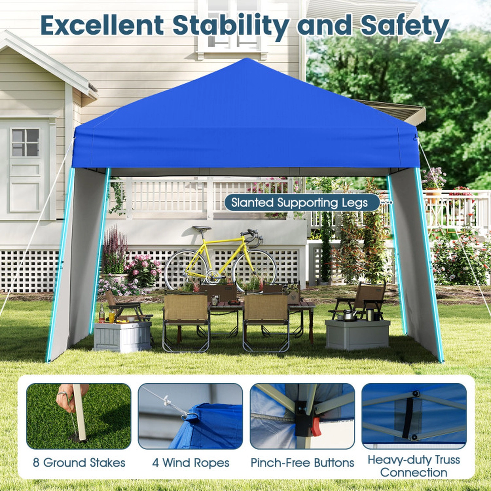 SUGIFT 14 x 9.2ft Pop Up Gazebo Canopy Tent with 2 Convertible Sidewalls to Awning and Stakes 30-lb Net Weight Blue