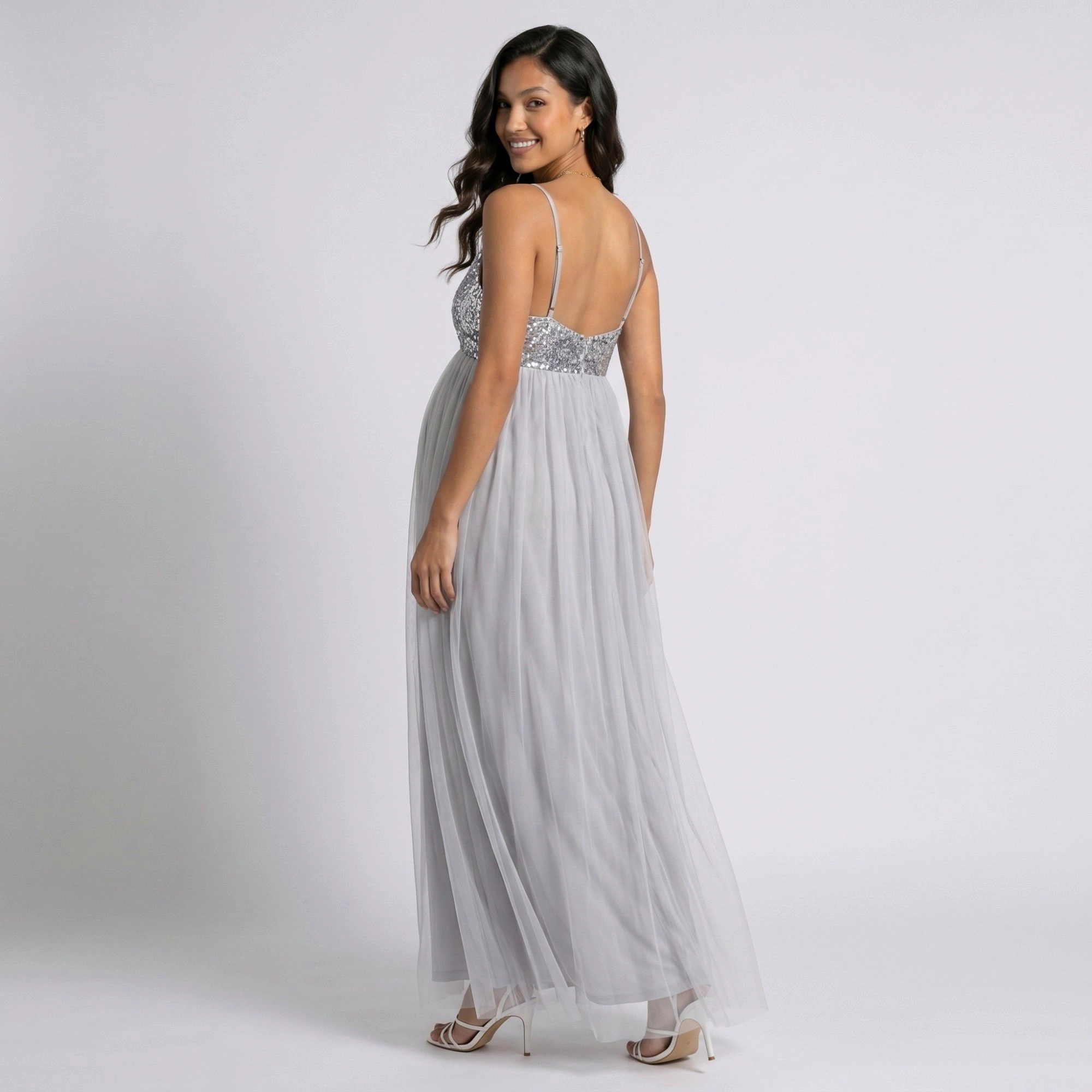 Anna-Kaci Women's Sequin Bodice Tulle Skirt Front Slit Maternity Maxi Dress