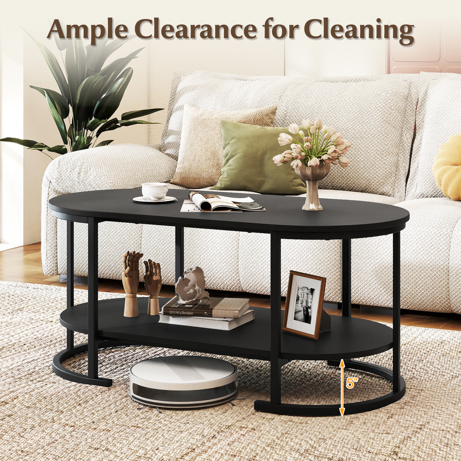 SUGIFT 2-Tier Oval Open Storage Curved Metal Frame Coffee Table 39.5-in x 19.5-in x 18-in 88-lb per Shelf Black