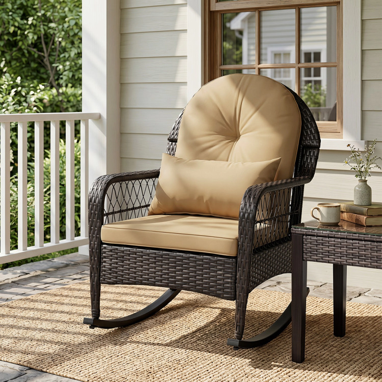 SUGIFT Outdoor Wicker Rocking Chair with Anti-Tip Stoppers 400-lb Capacity 22-lb Frame for Porch Deck Patio Brown
