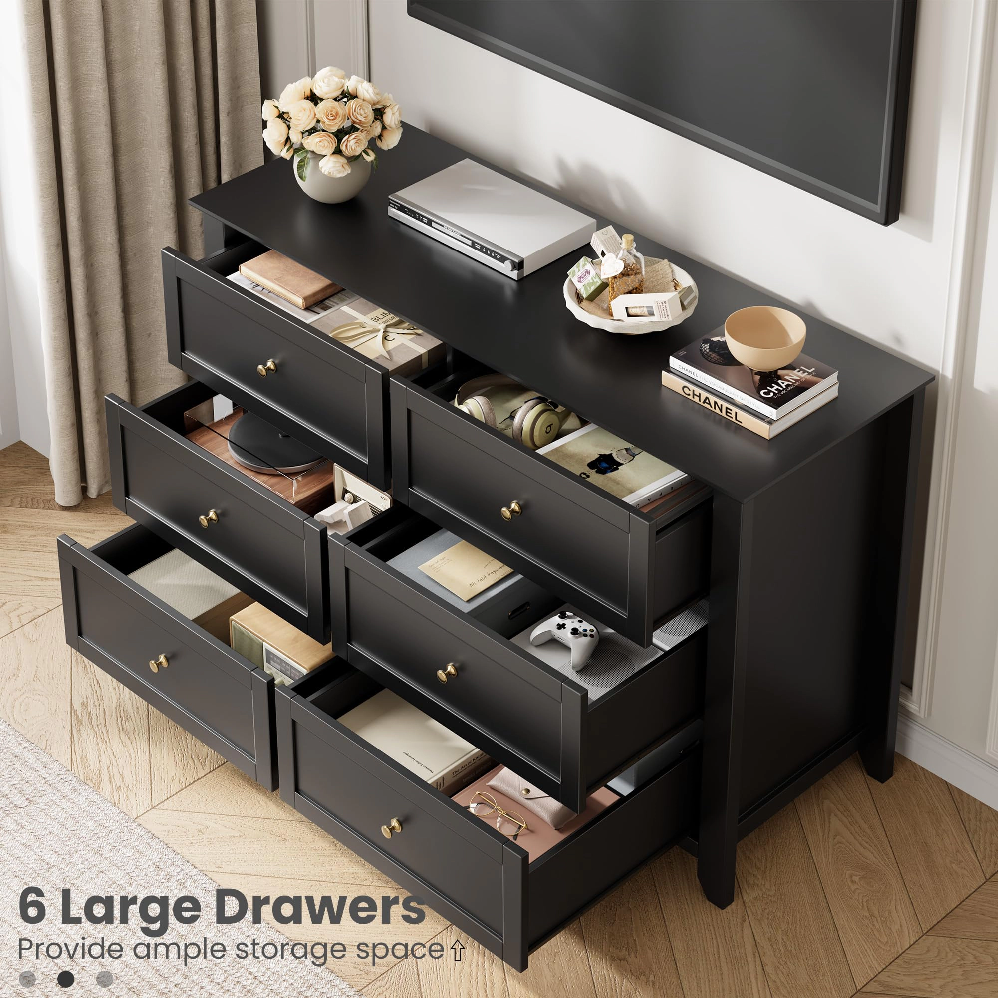 6 Drawer Dresser with Metal Knobs,  54" Wide Wooden Double Storage Chest for Bedroom Entryway Hallway