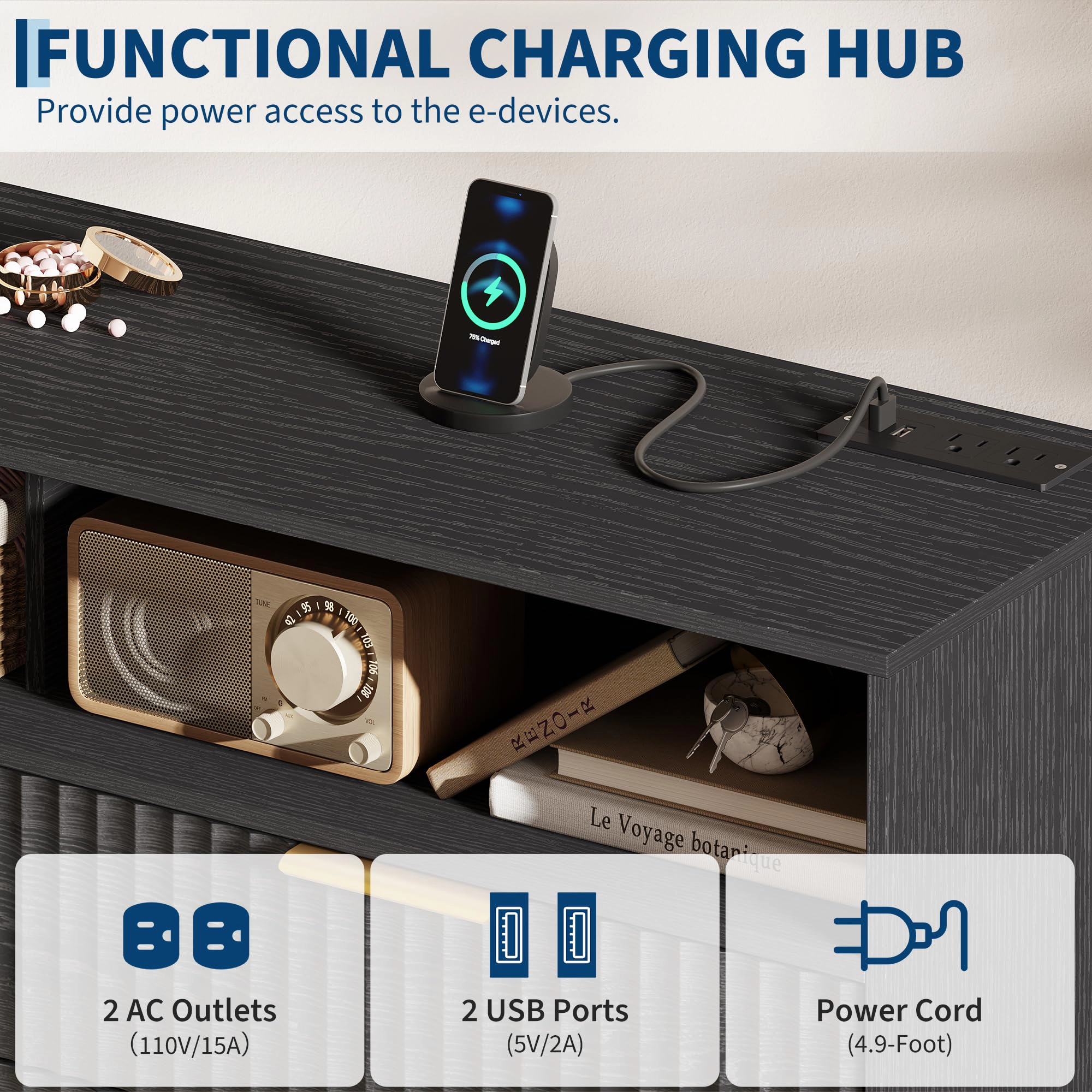 6 Drawer Fluted Dresser with Charging Station and RGB LED Lights, Storage Chest Open Shelf Gold-Tone Handles