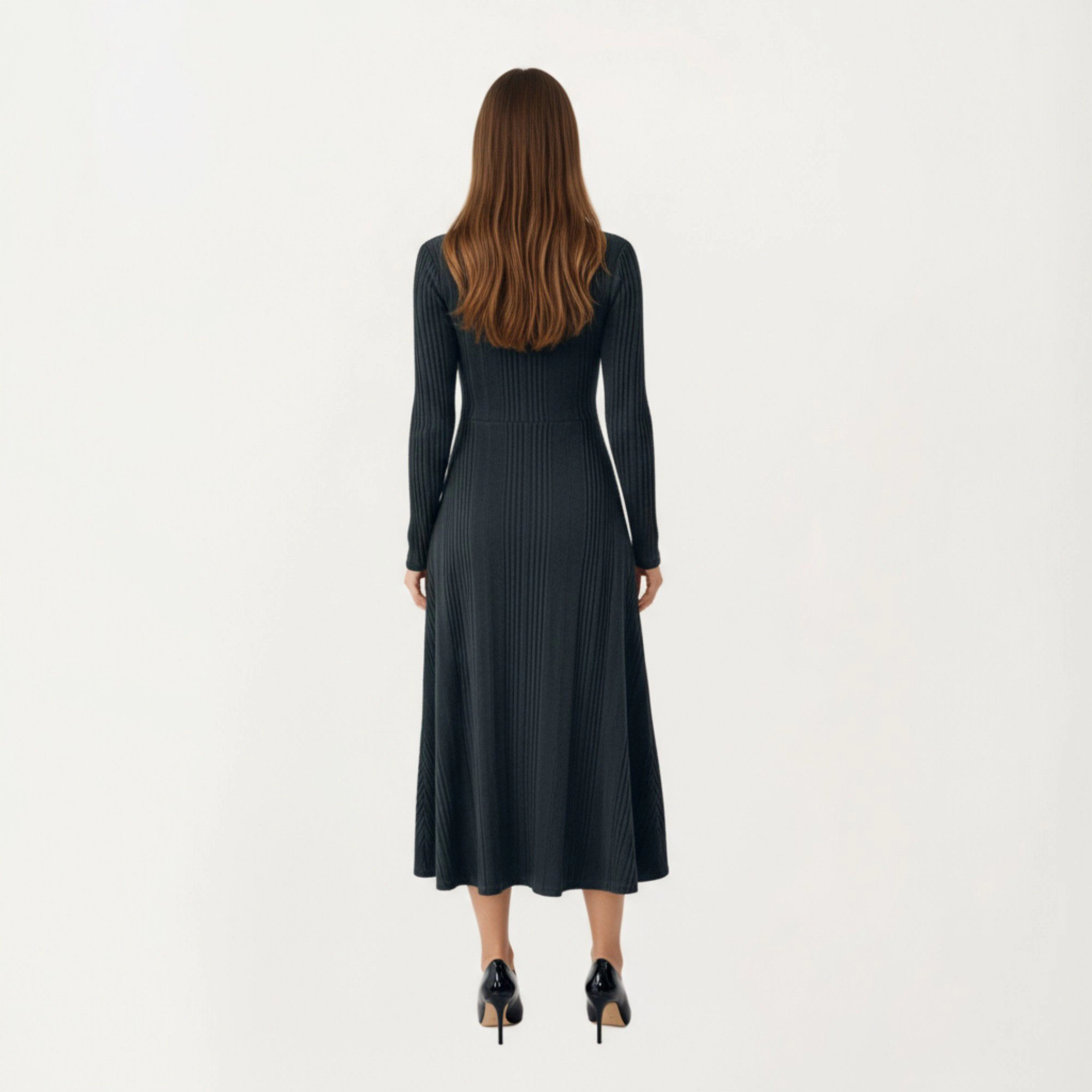 Anna-Kaci Womens Long Sleeve Ribbed Knit Midi Dress with Cutout Neckline