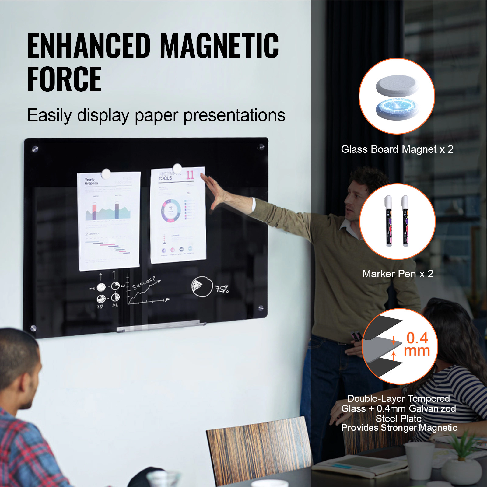 HONGGE 36 x 24 Inch Magnetic Glass Whiteboard, Frameless Wall-Mounted Dry Erase Board with Marker Tray