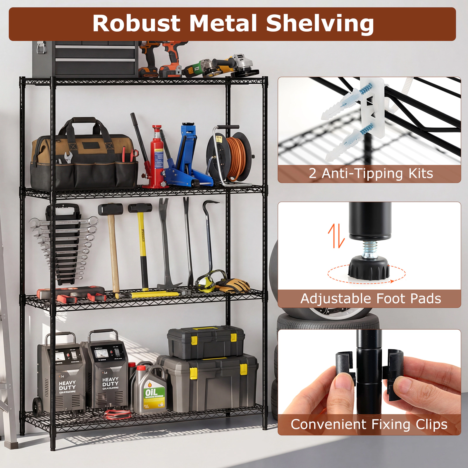 SUGIFT 4-Tier Adjustable Metal Storage Shelving Unit 3200-lb Total Capacity 800-lb Per Shelf Black