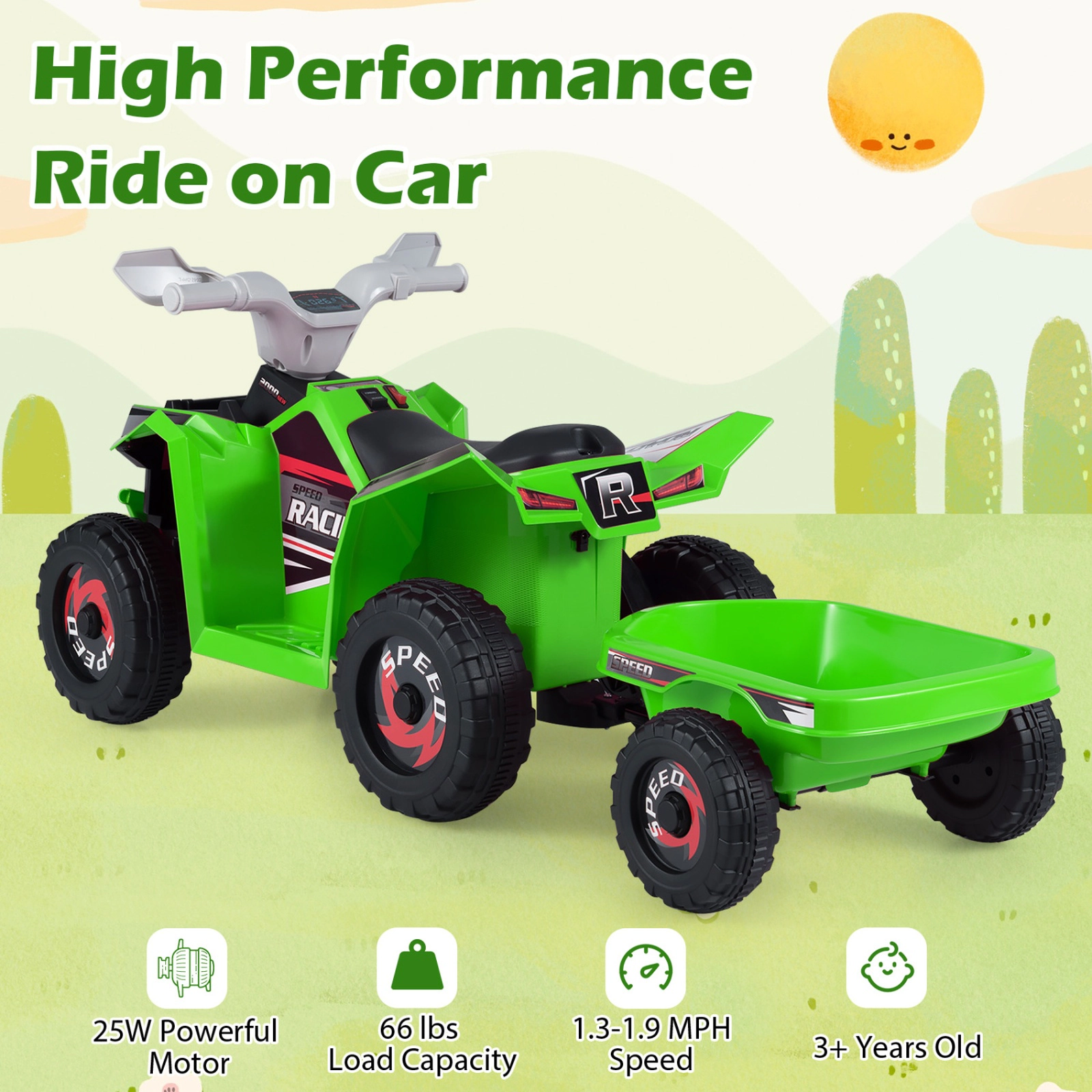 SUGIFT 6V Electric Kids Ride-On ATV Quad Car with Detachable Trailer 66-lb Capacity Ages 3+ Multi-Terrain Wheels Green