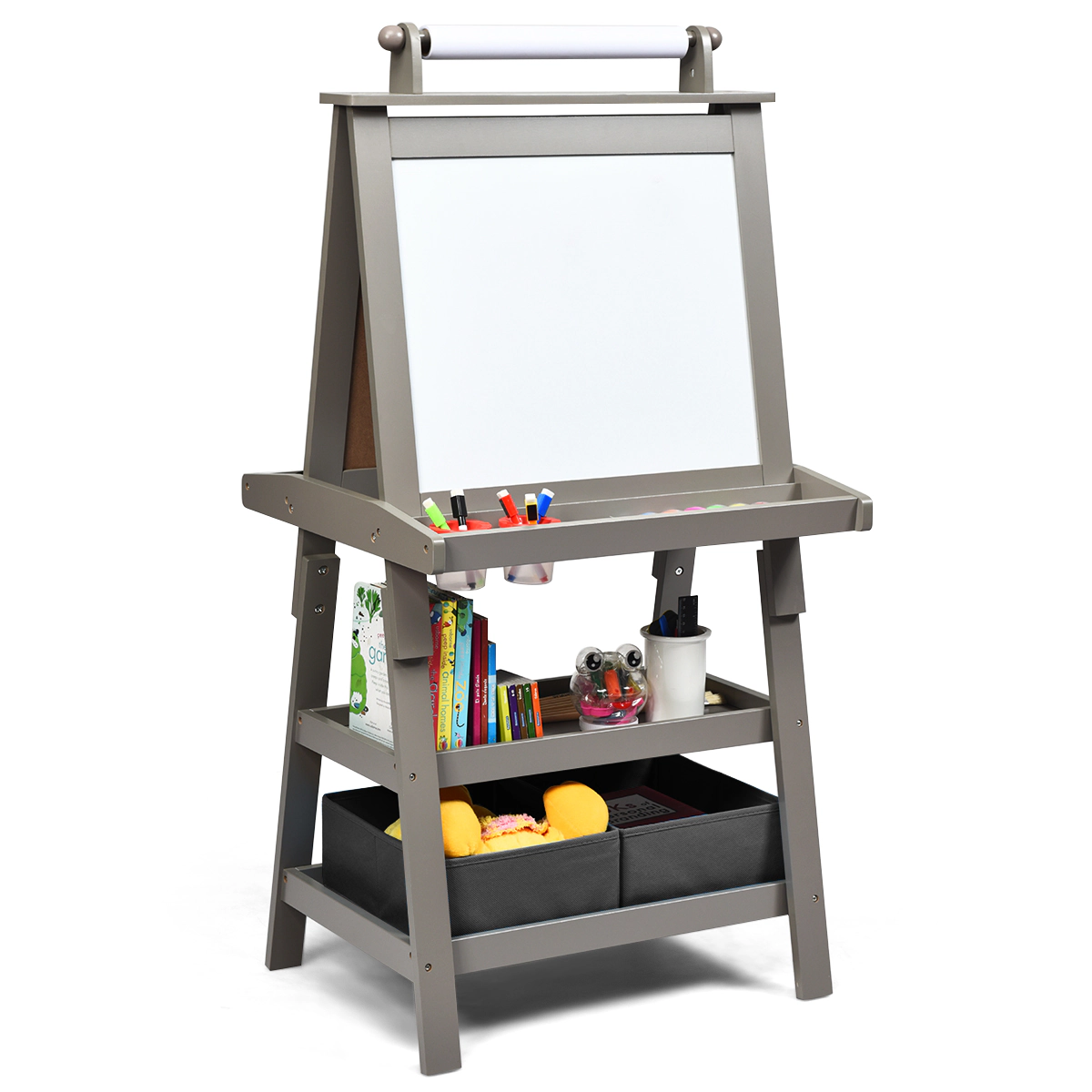 SUGIFT 3-in-1 Double-Sided Storage Art Easel with Paper Roll 46-in Tall Kids MDF Triangle Frame with Shelves & Bins Gray