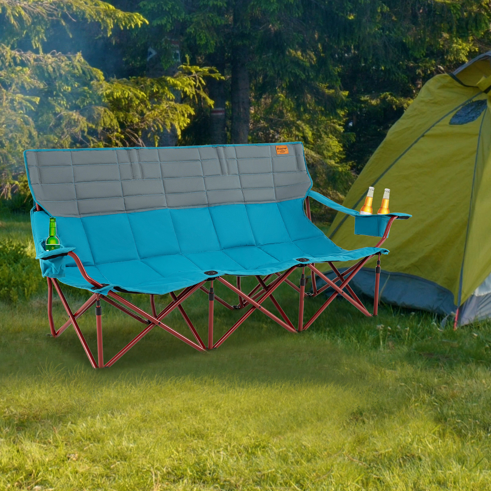 SUGIFT 3-Person Folding Camping Chair 900-lb Capacity with 2 Cup Holders and Storage Bag Blue