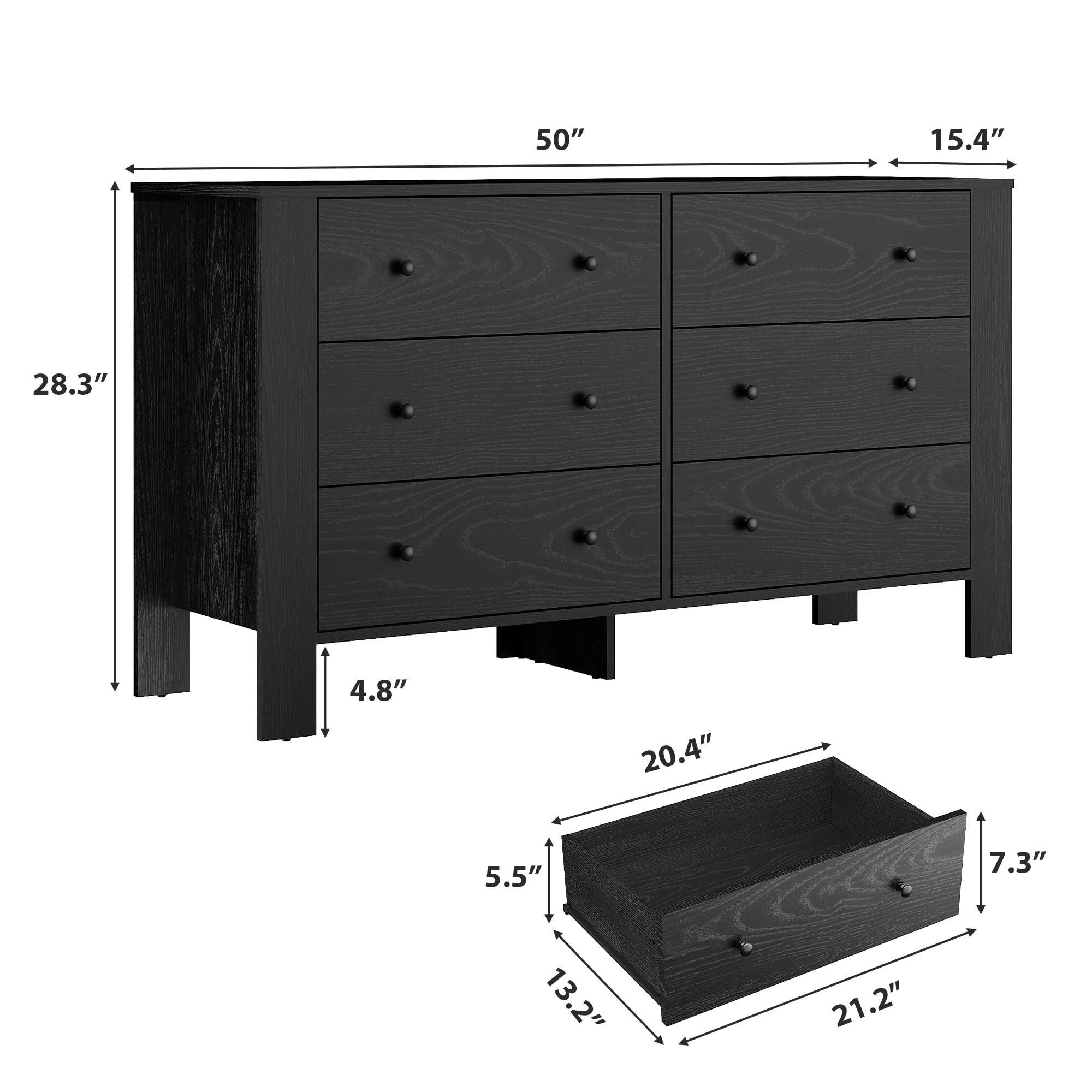 6 Drawer Modern Dresser with Metal Knobs, 50" Wide Large Wood Storage Chest for Bedroom Living Room