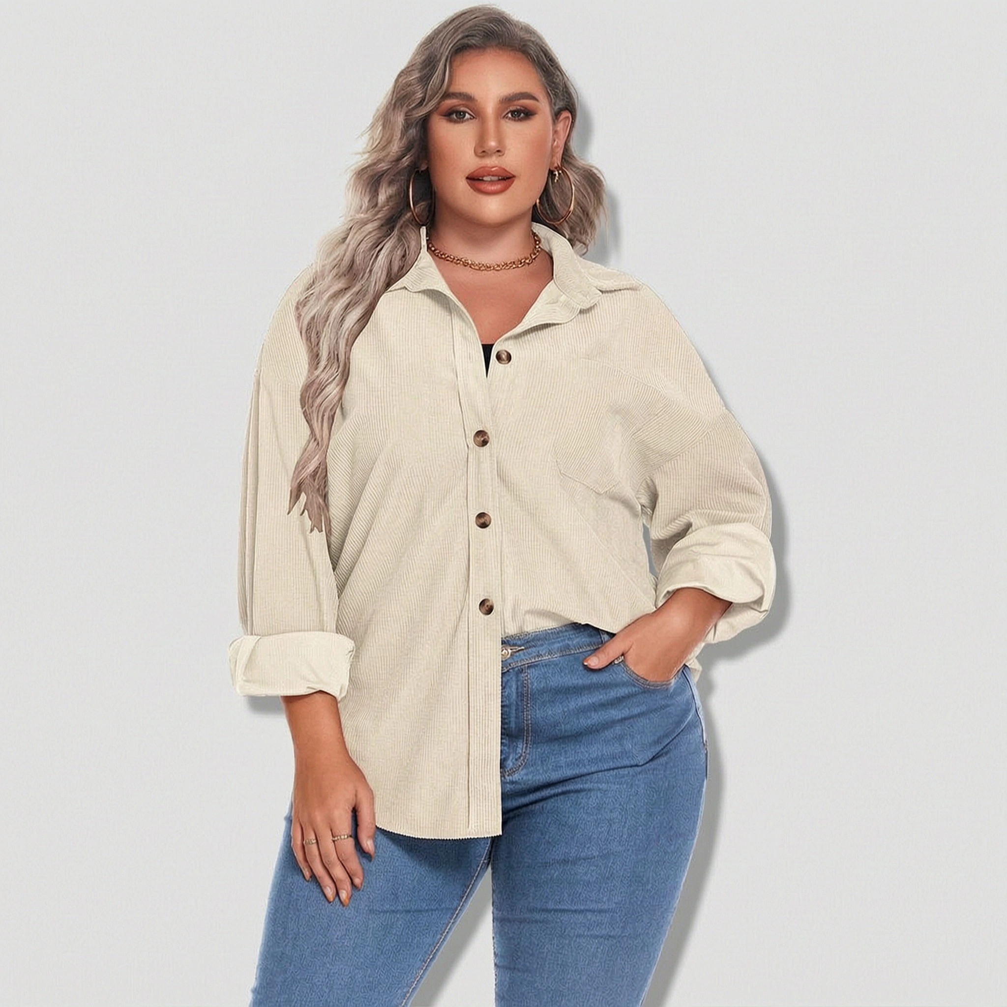 Zeagoo Women's Plus Corduroy Button Up Long Sleeve Oversized Shacket Jacket