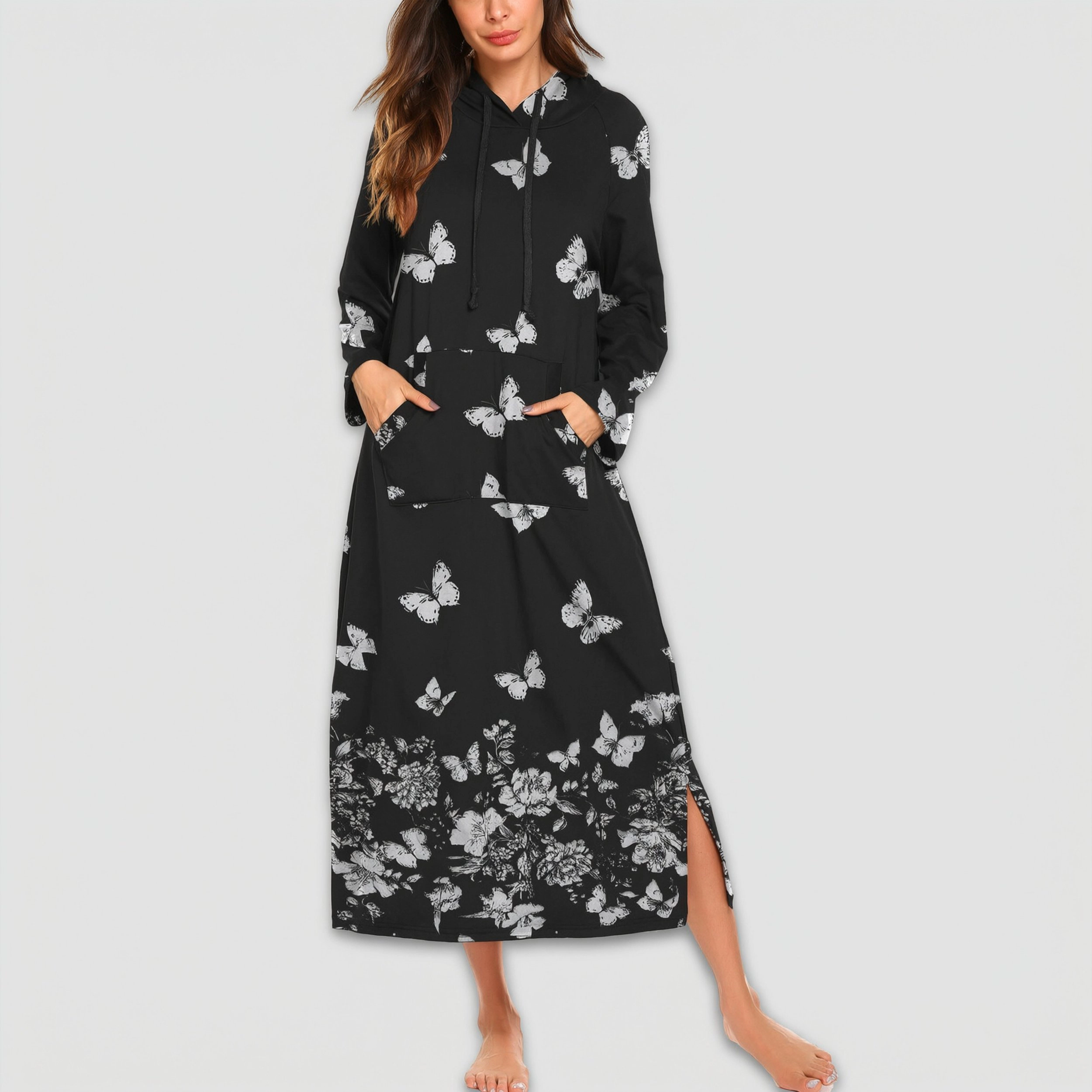 Ekouaer Nightgowns Cotton Nightgown Hooded Contrast Color Full Length with Pocket