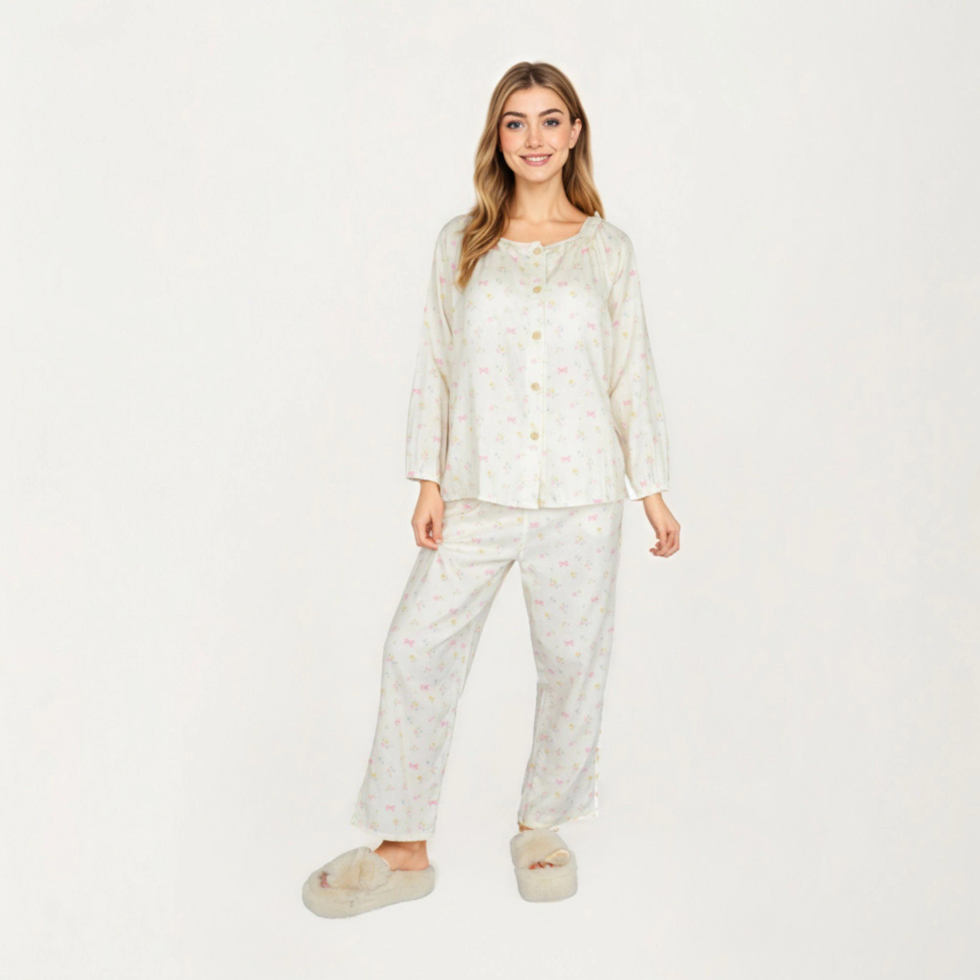 Anna-Kaci Women's 2-Piece Button Front Top with Built-In Chest Pads and Relaxed Pants Pajama Set Floral Print