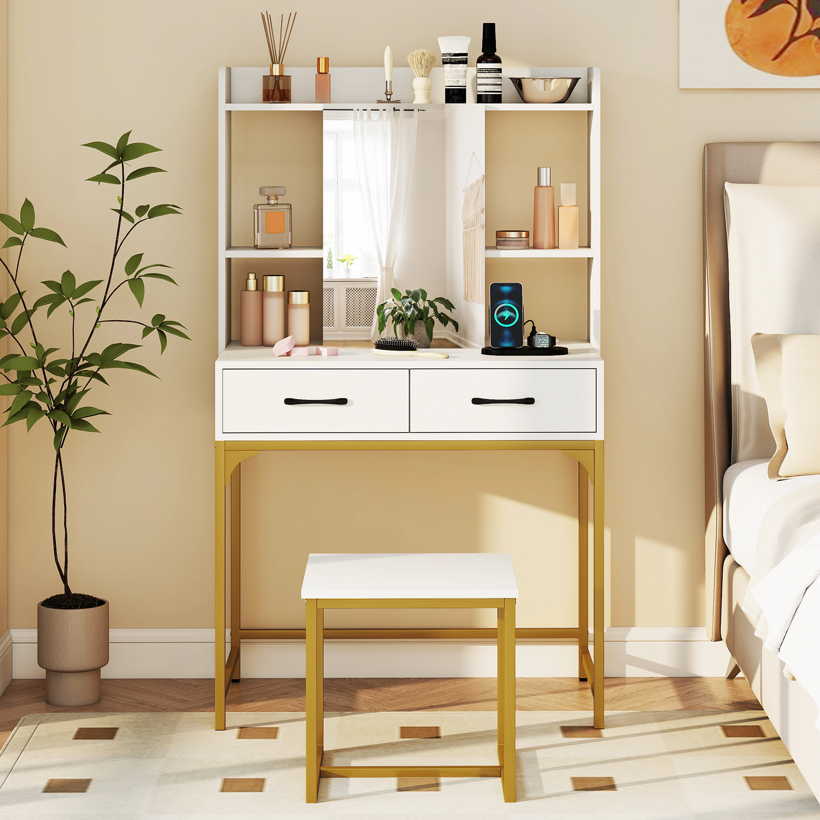 SUGIFT White Vanity Desk with Mirror, Storage Cabinet, Charging Station and Stool