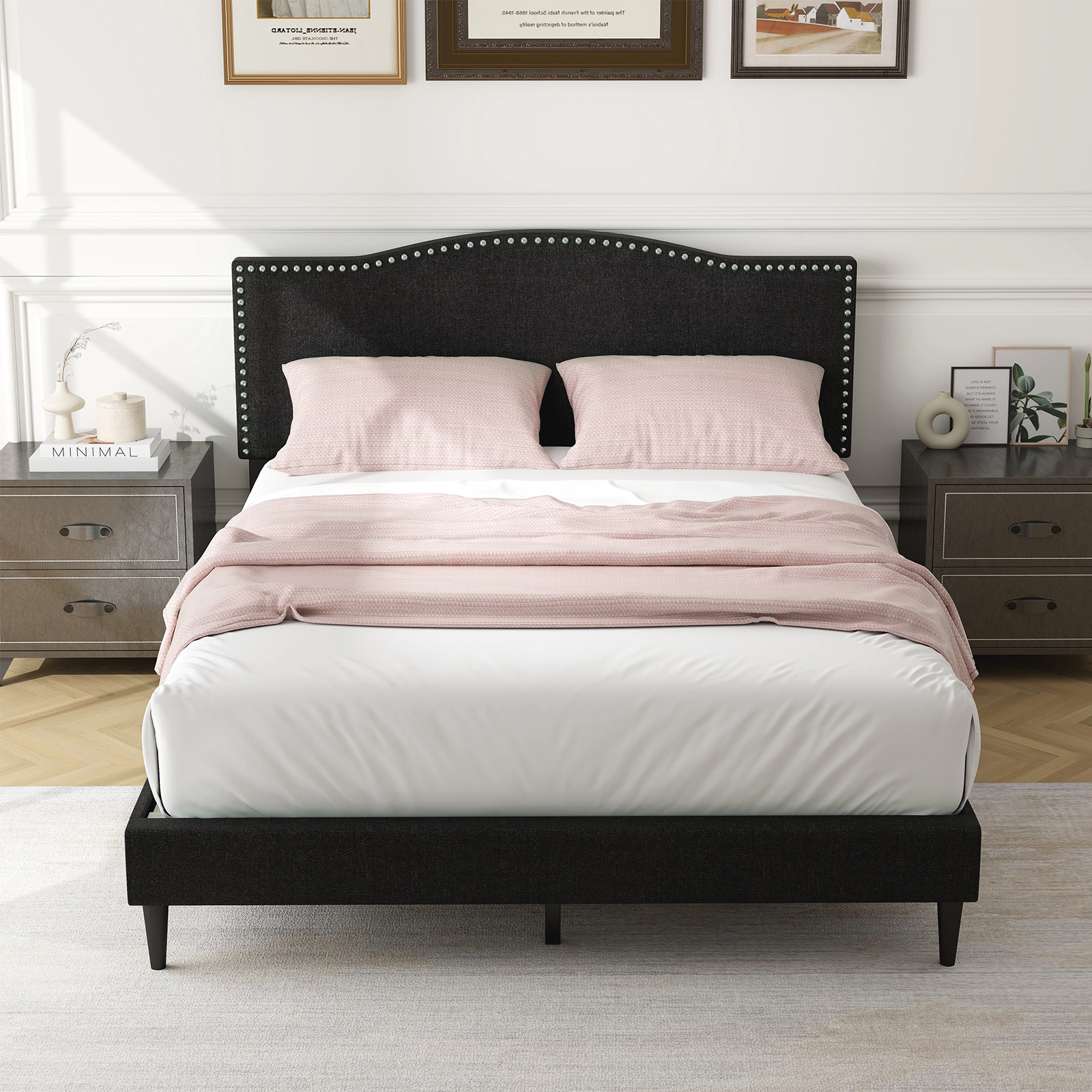 SUGIFT Queen Upholstered Platform Bed Frame, Linen Headboard, Nailhead Trim, Black