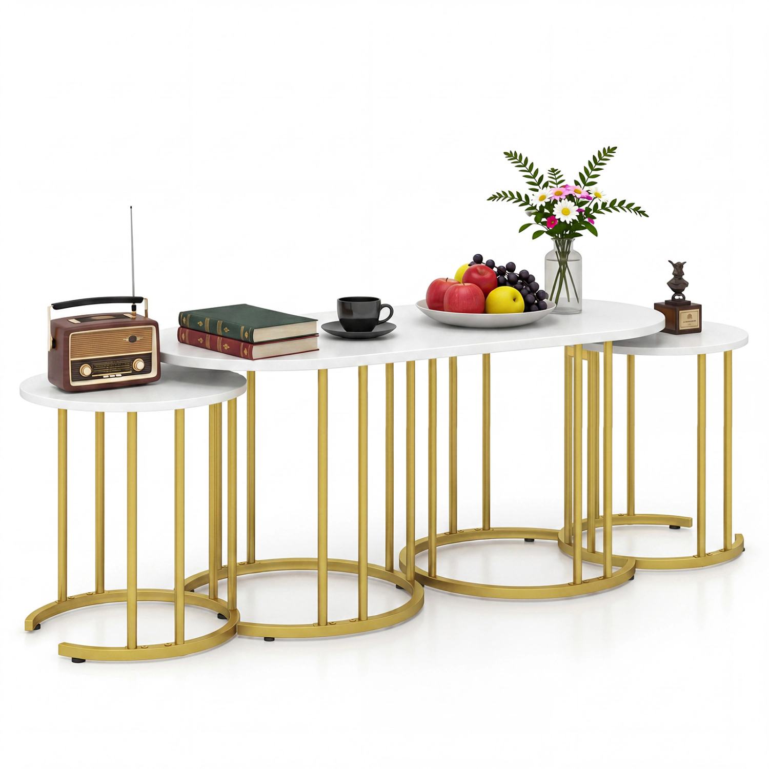 Glintex 3-Piece Nesting Coffee Table Set with Faux Marble Tops and Metal Frames, White & Gold