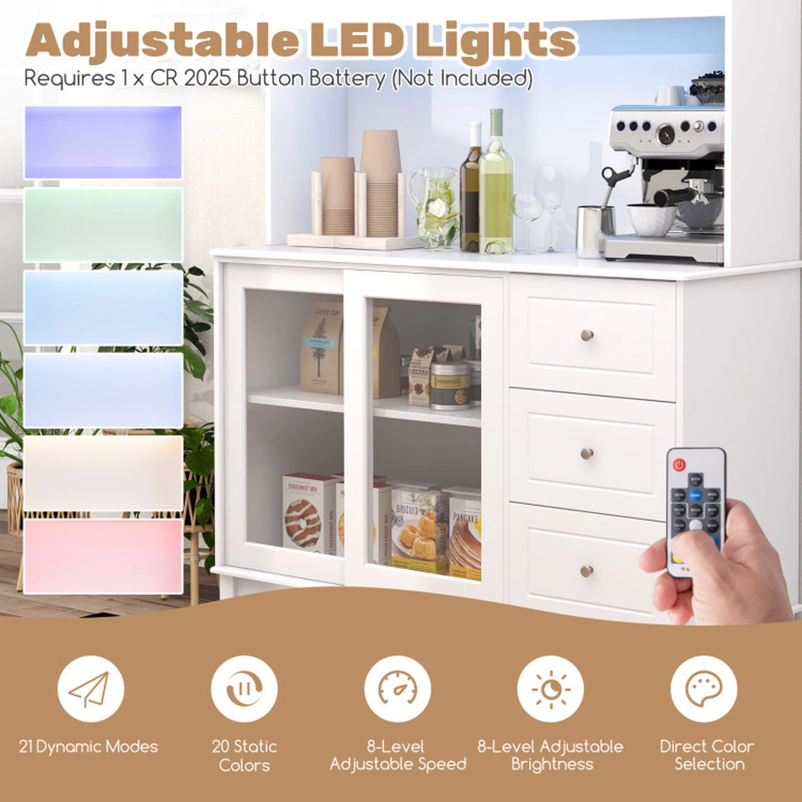 SUGIFT 73-in LED Lights Power Outlets 3 Drawers Glass Door Kitchen Pantry Hutch 47-in x 17.5-in 320-lb Capacity White