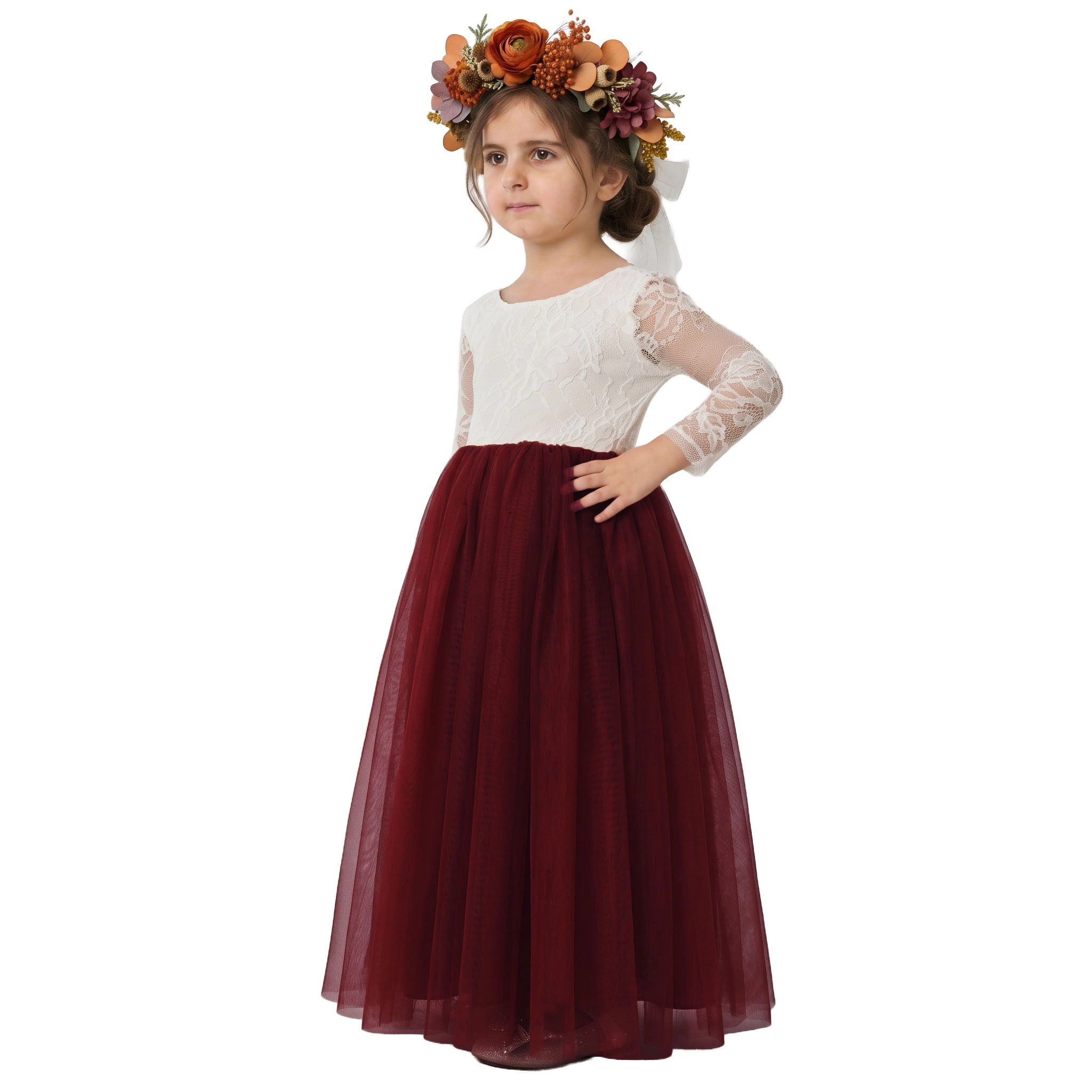 2Bunnies Girls' Rose Lace Long Sleeve Tulle Maxi Boho Flower Girl Dress