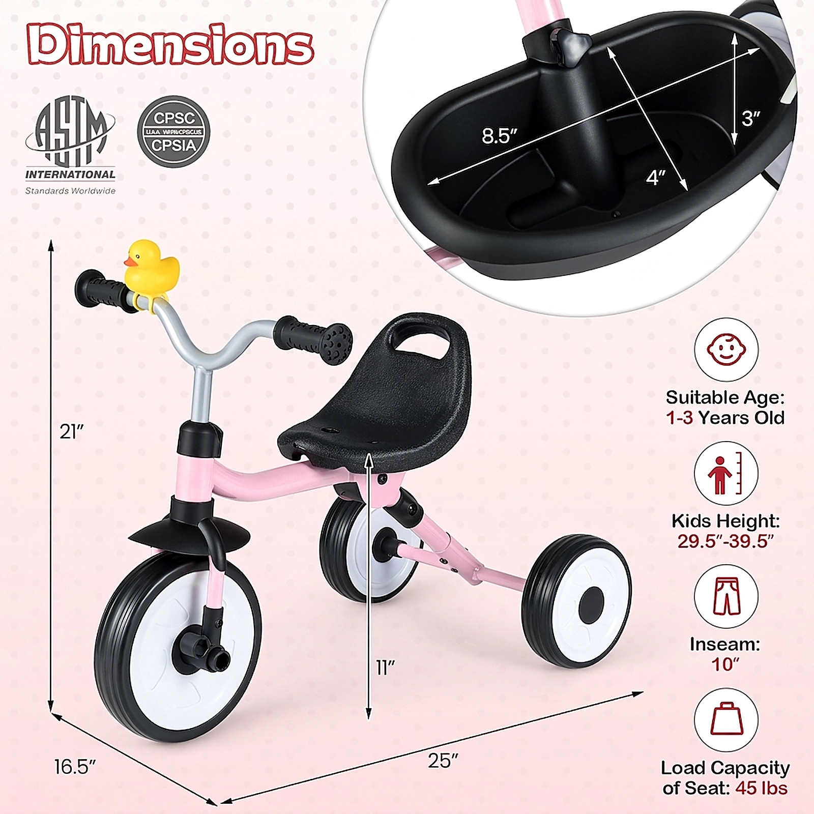 SUGIFT LED Glowing Wheels 3-Position Seat and Storage Basket Toddler Tricycle