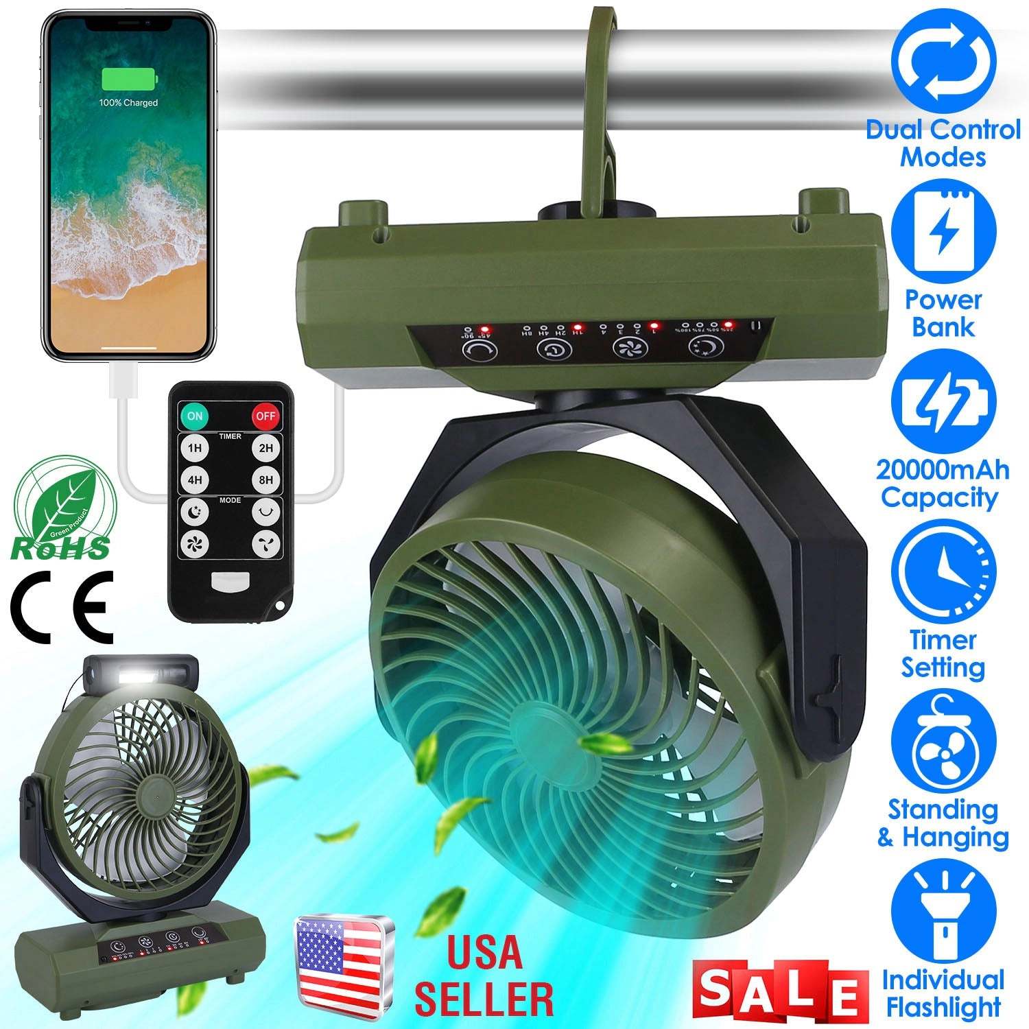 GBruno 20000mAh Rechargeable Camping Fan With Light