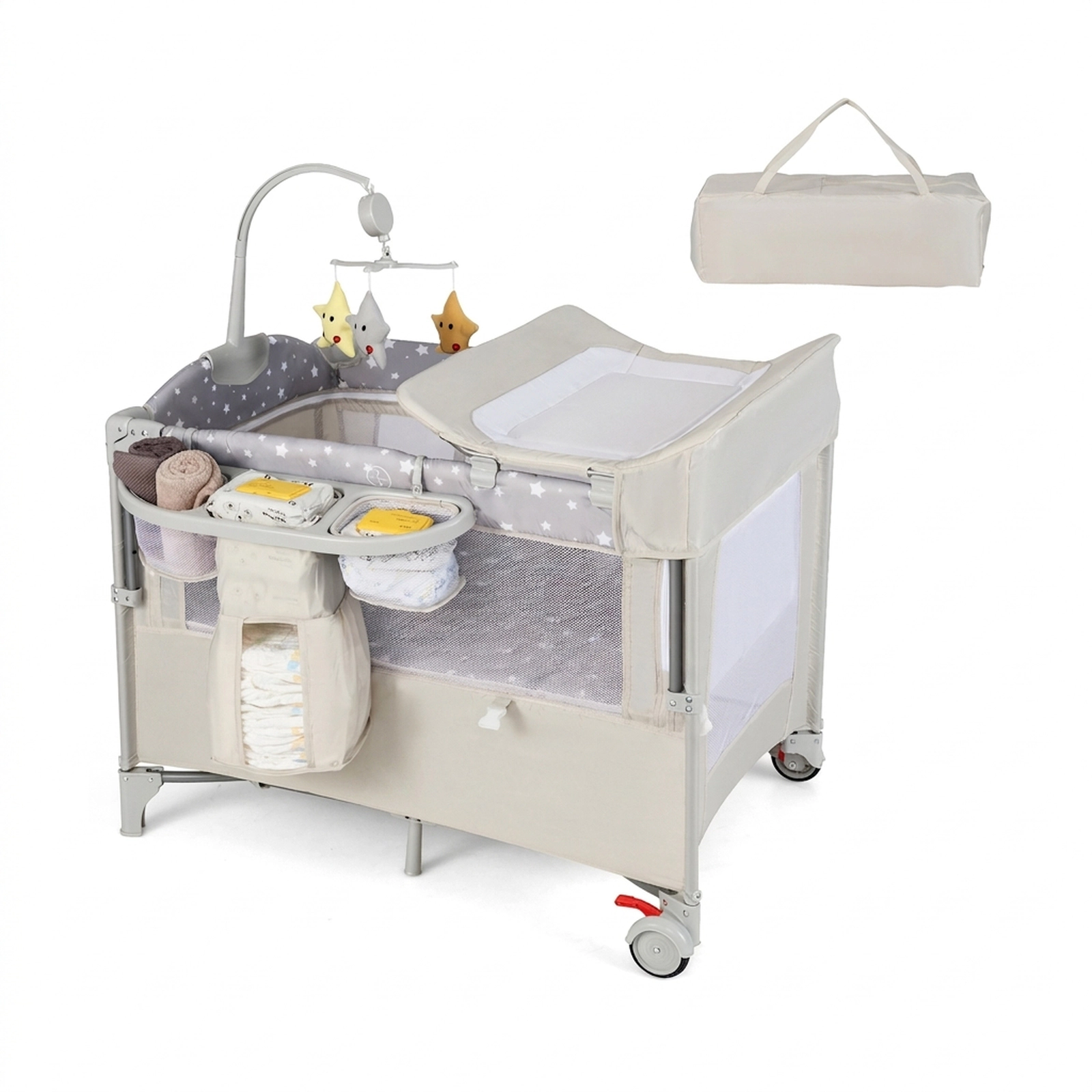 SUGIFT 5-in-1 Pack and Play Baby Bedside Sleeper with Diaper Changing Table Music Box and Storage Shelf Beige