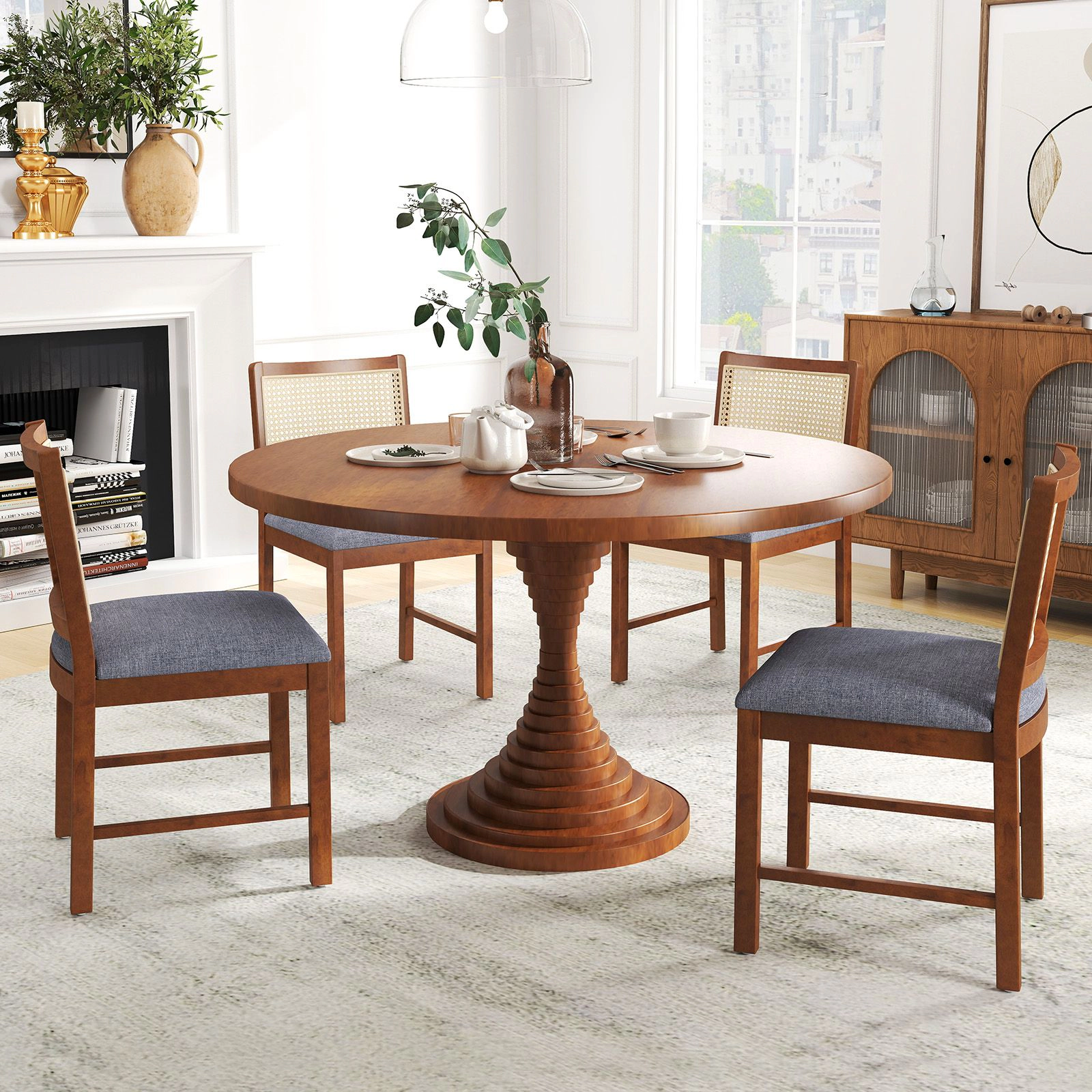 SlickBlue Rustic Rattan Dining Chairs with Linen Seat Set of 2