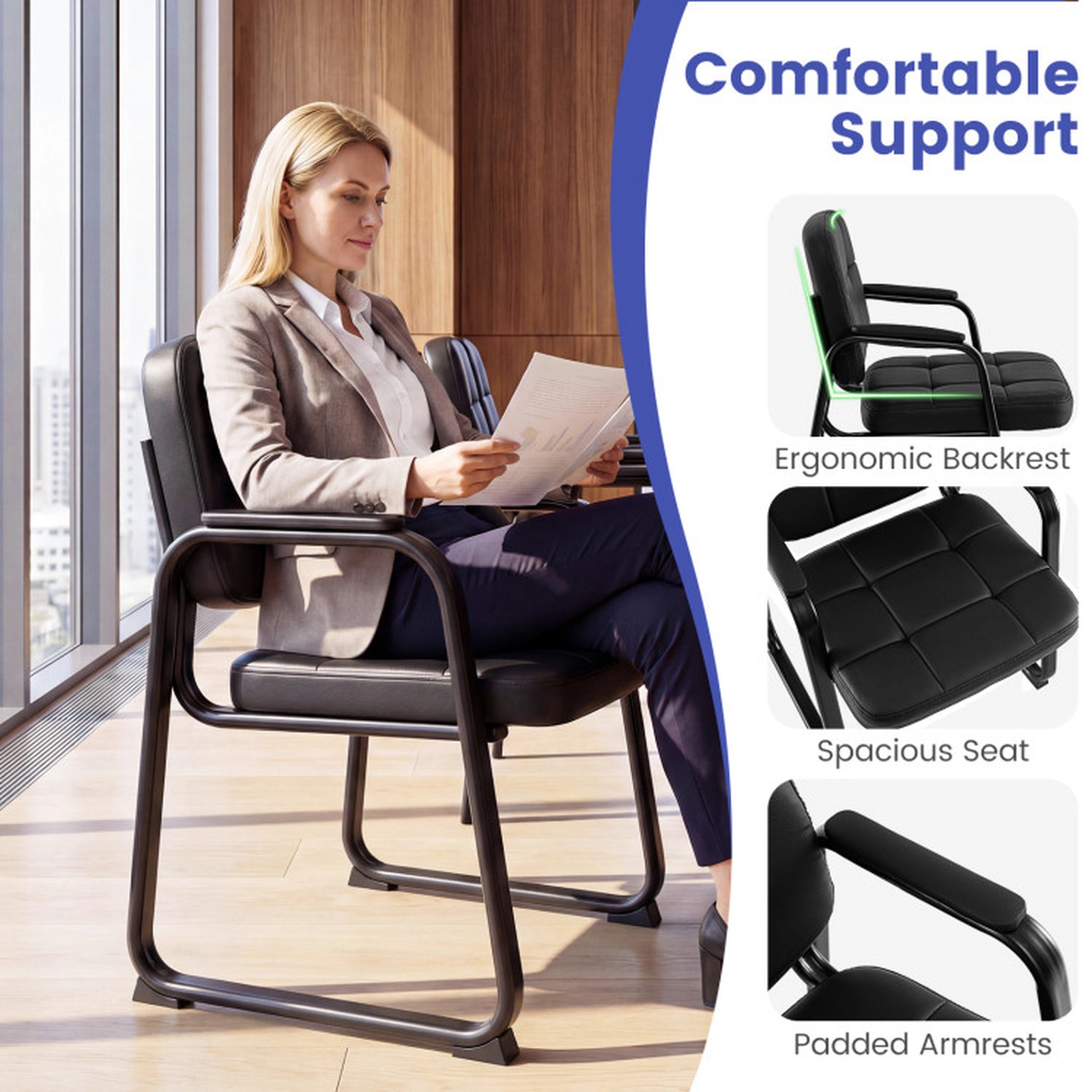 SUGIFT Set of 4 Black 330-lb Capacity PVC Leather Padded Armchairs with Sled Base and Cushioned Seat