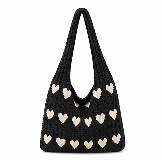 Alilang Women's Knitted Heart Tote Bag Large Capacity Casual Shoulder Bag Lightweight Daily Bag, Ivory