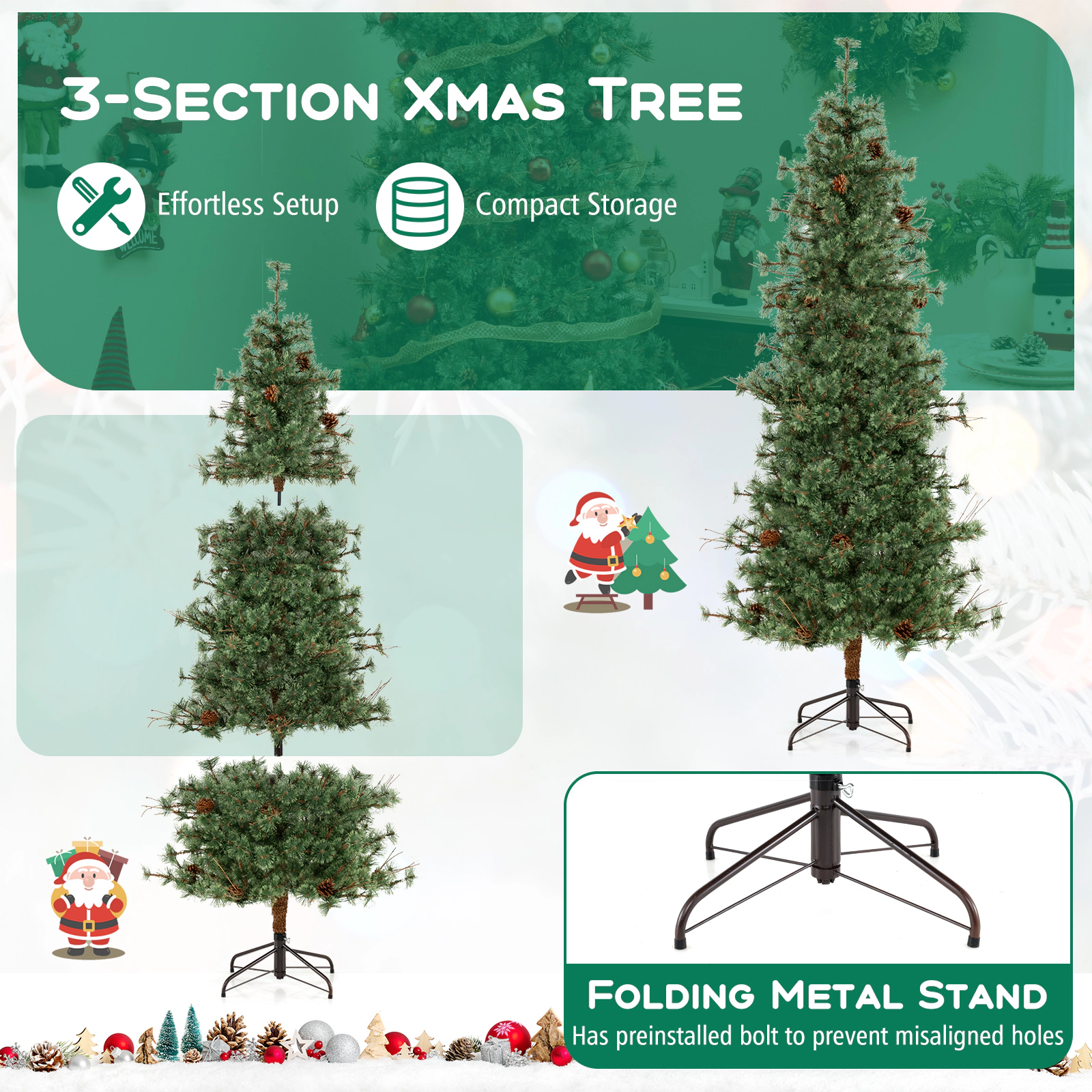 SUGIFT 7 ft Pre-Lit Christmas Tree with 502 Branch Tips 300 Warm White LEDs and 28 Pine Cones