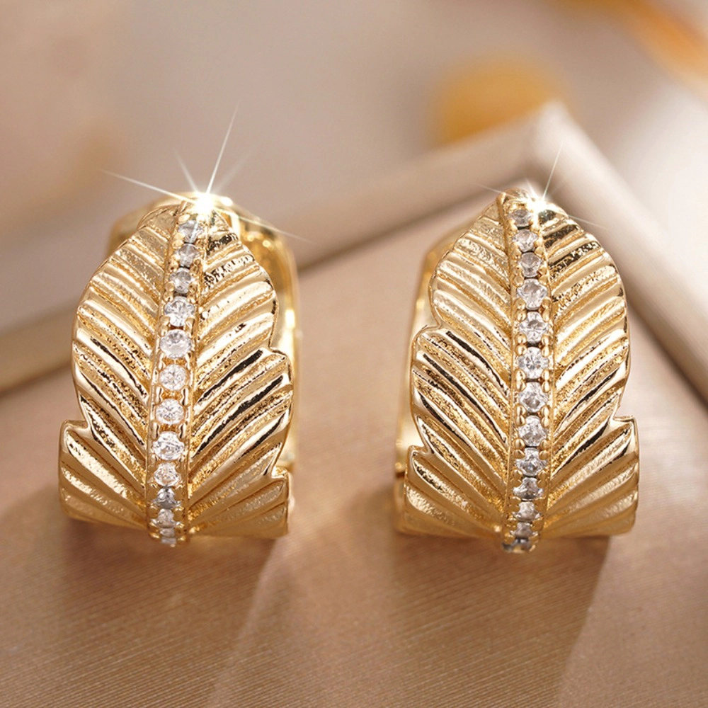 Wardrobe Whimsy Textured Leaf Hoop Earrings Paved Cubic Zirconia Gold Tone Earrings for Women
