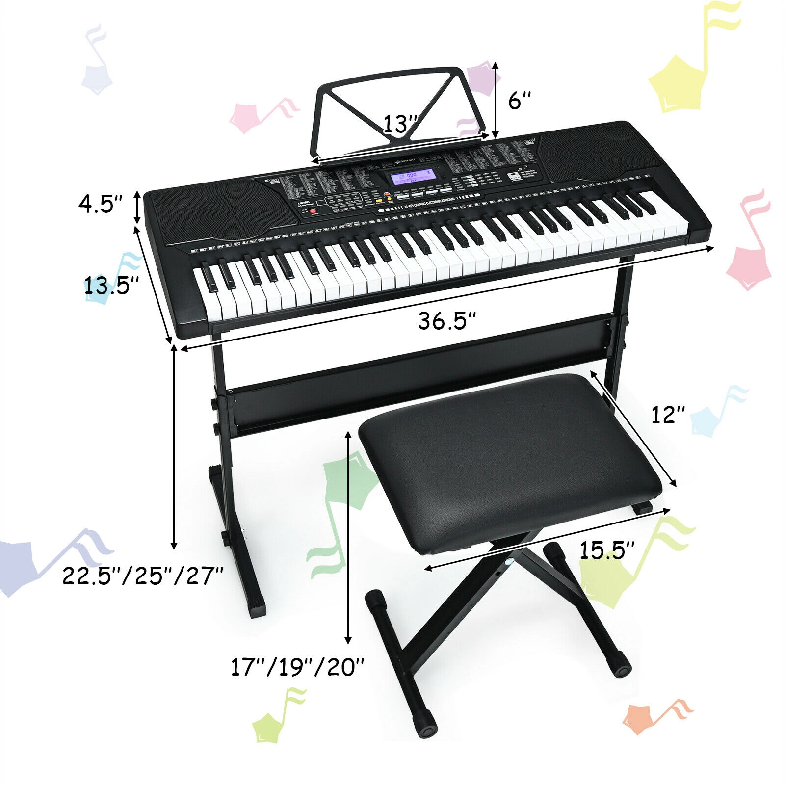 SUGIFT 61-Key 330-lb Stool Capacity Electronic Keyboard Piano with 3-Height Stand and 61 Light-Up Keys