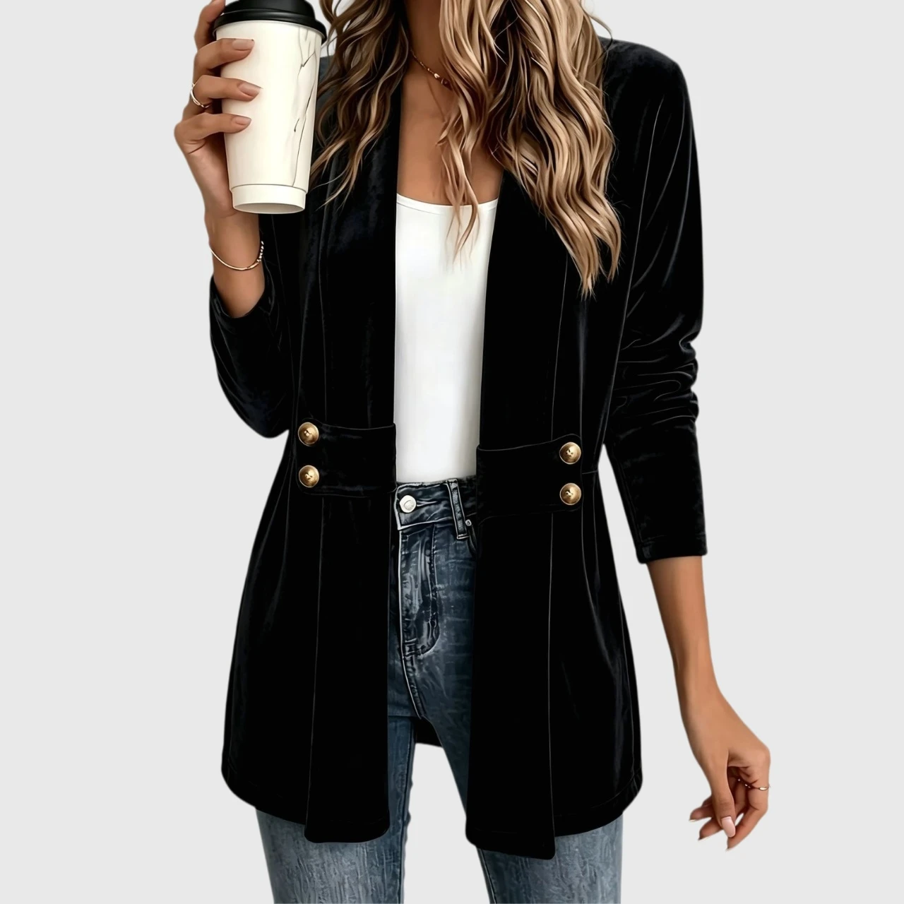 YesFashion Women's Double-Breasted Velvet Blazer Open Front Loose Business Casual Suit Jacket
